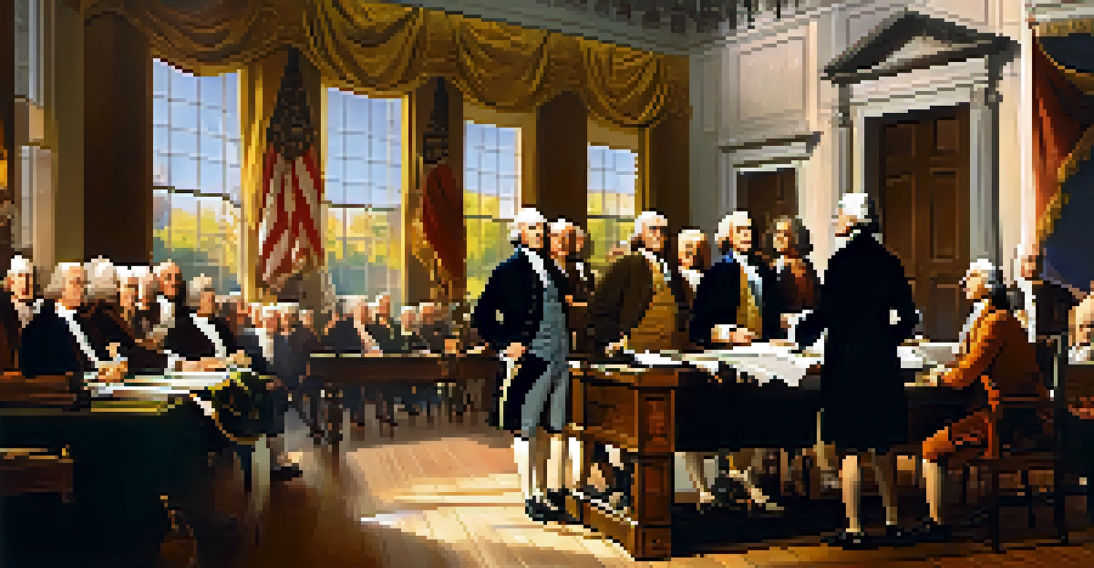 Historical figures signing the Declaration of Independence in a decorated room with sunlight streaming in.