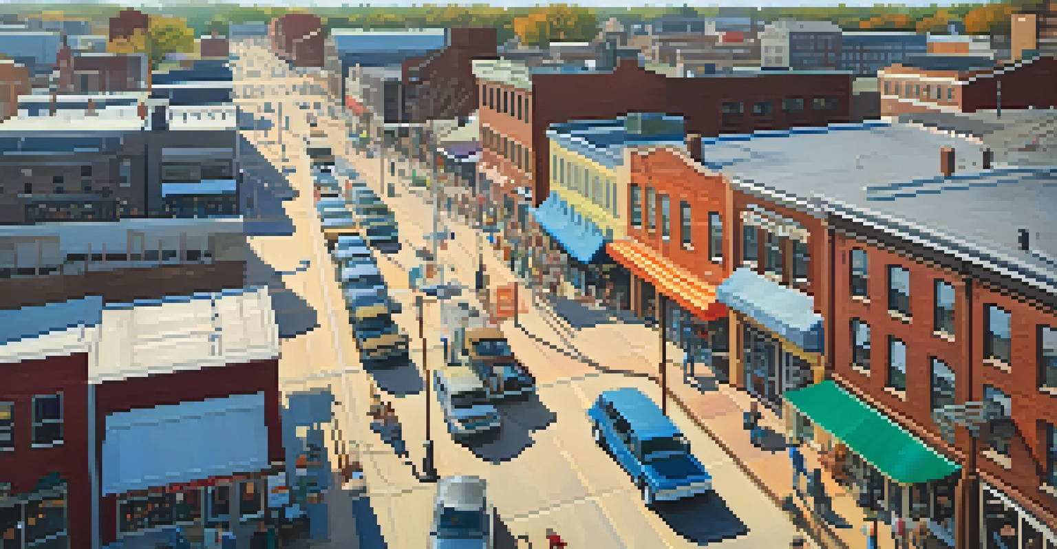 An aerial view of a lively Pennsylvania town with colorful shops and factories, showing community life around manufacturing.