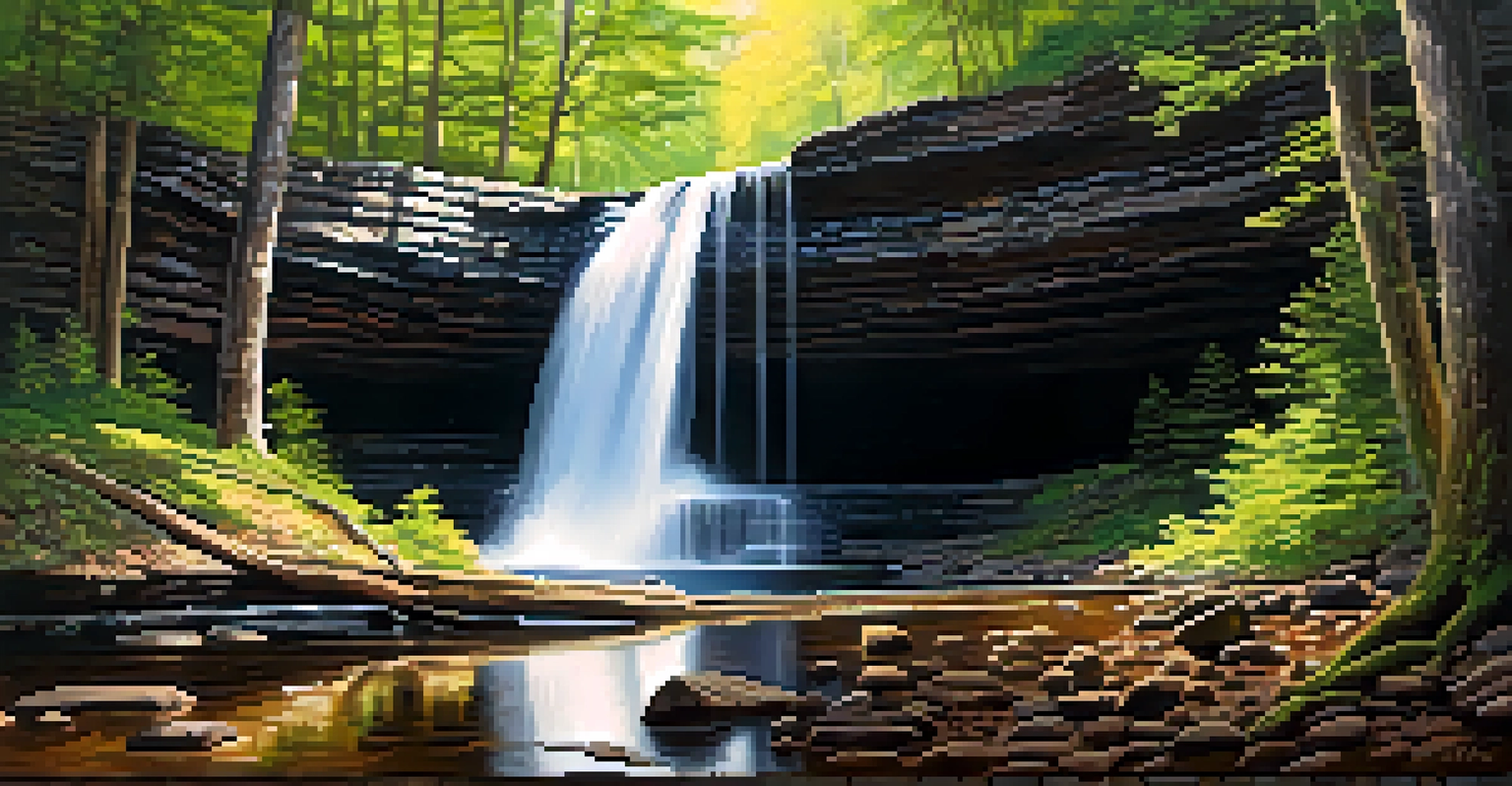 A beautiful waterfall in Ricketts Glen State Park surrounded by lush greenery and a hiking trail.