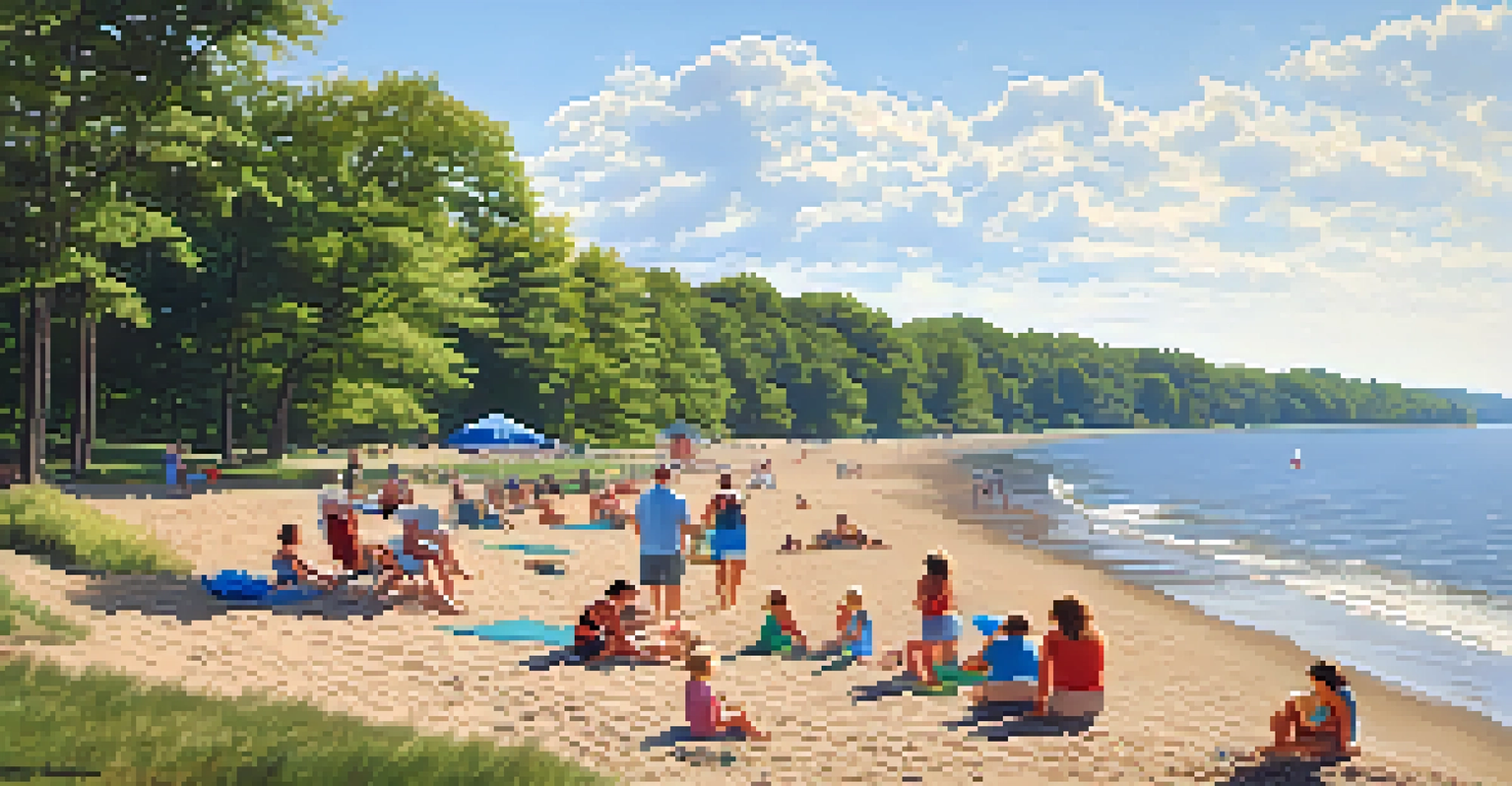 Families building sandcastles at Presque Isle State Park beach, with Lake Erie in the background and trees lining the shore.
