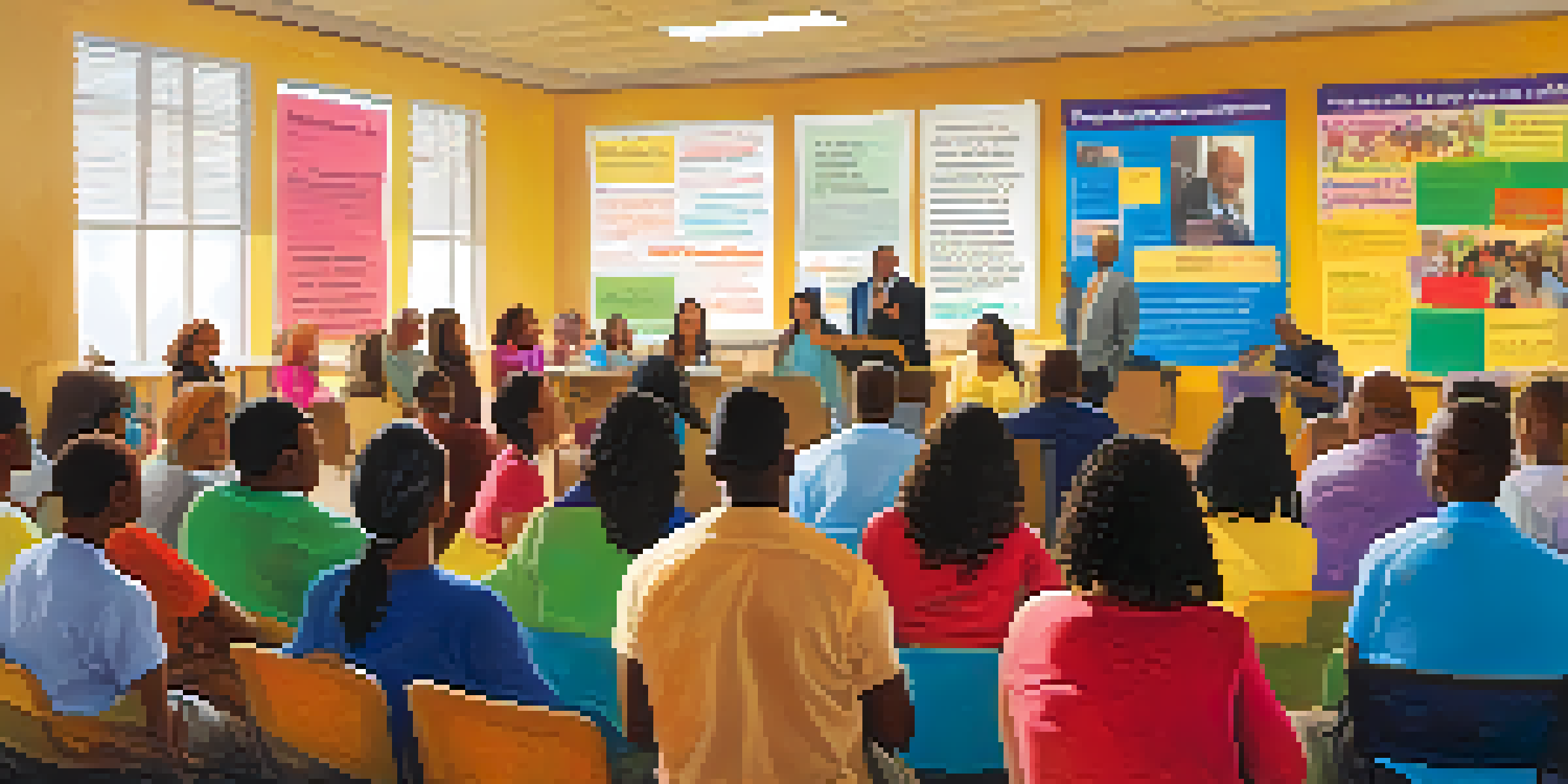 A lively town hall meeting with diverse participants discussing education funding, surrounded by colorful advocacy posters and natural light.