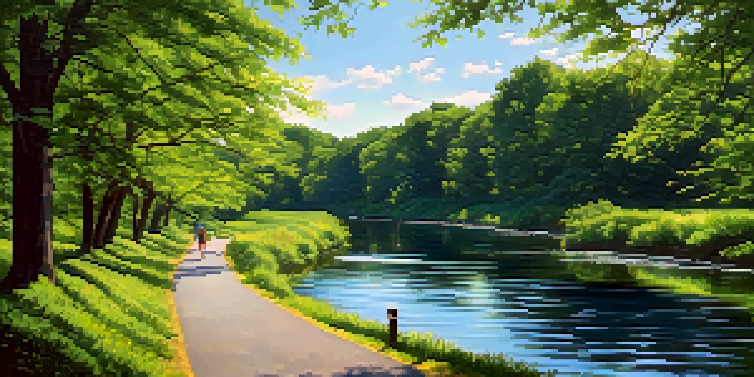A peaceful riverside trail with greenery, flowers, and hikers enjoying nature.
