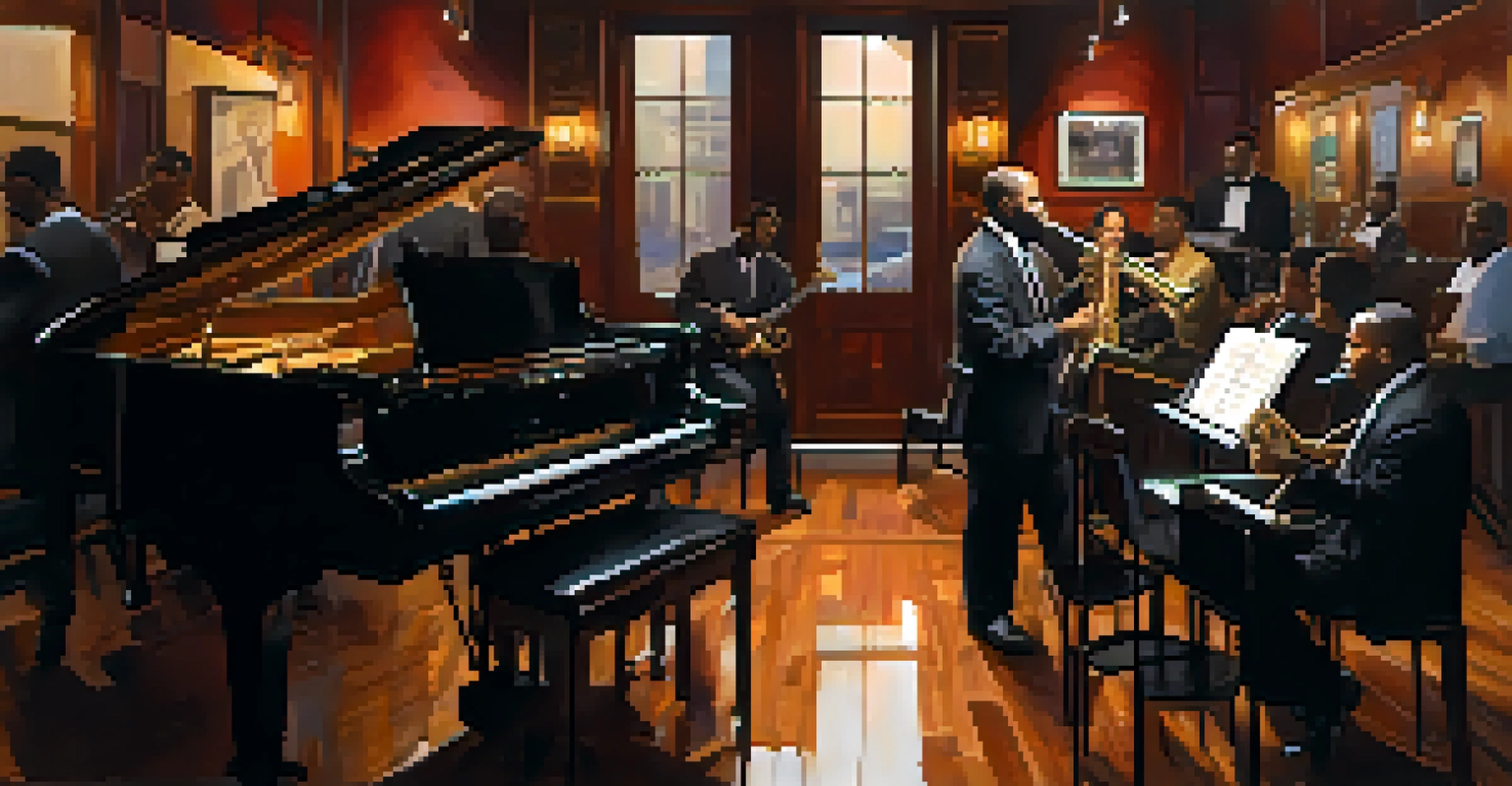 A cozy modern jazz club in Philadelphia featuring musicians performing a bebop set with warm lighting.