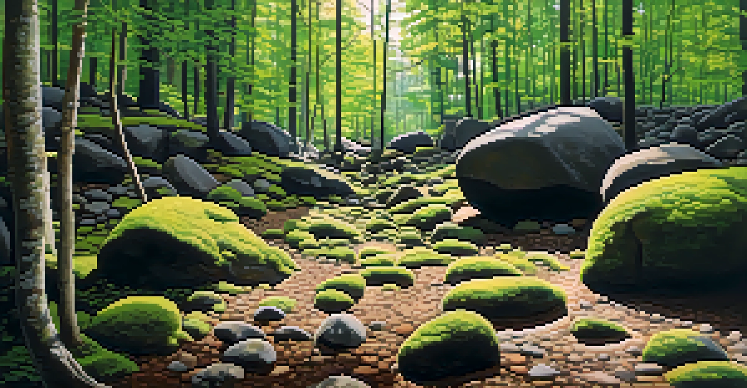 A hiker exploring the Boulder Field at Hickory Run State Park, surrounded by large moss-covered rocks and sun-dappled trees.