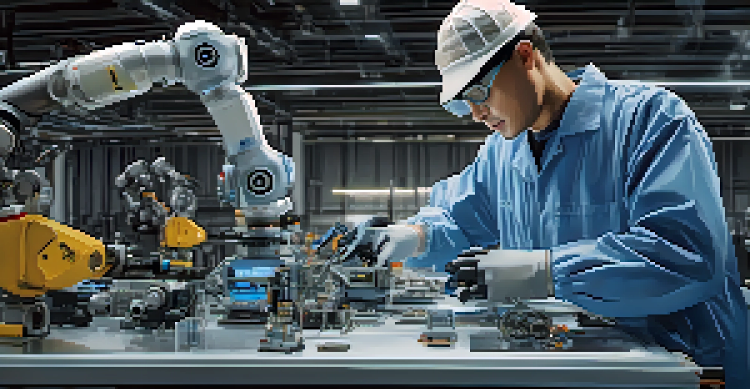 A technician adjusting a robotic arm in a high-tech manufacturing setting, surrounded by tools and digital displays.