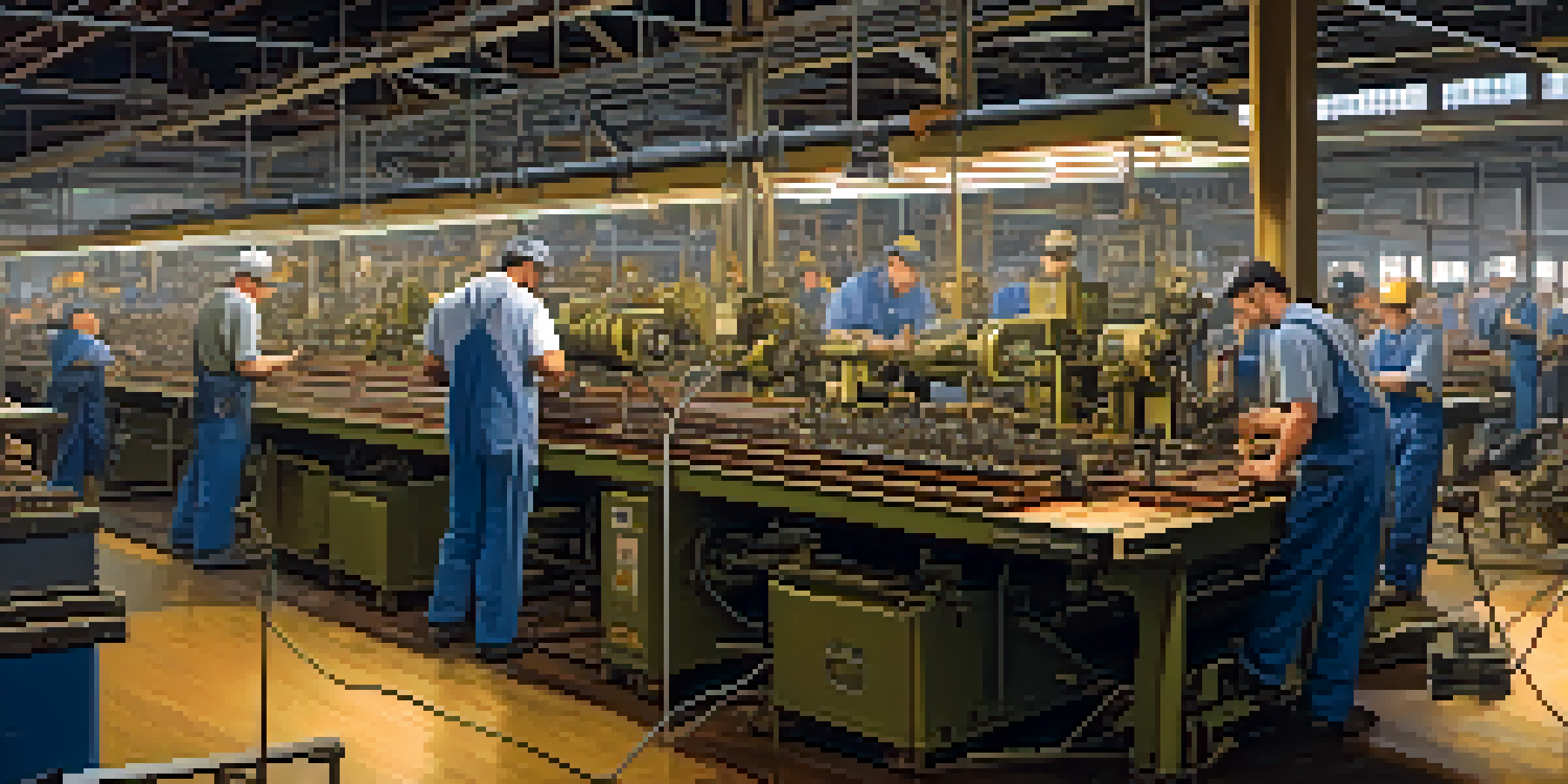 An interior view of a busy manufacturing factory in Pennsylvania with workers using machinery and tools.