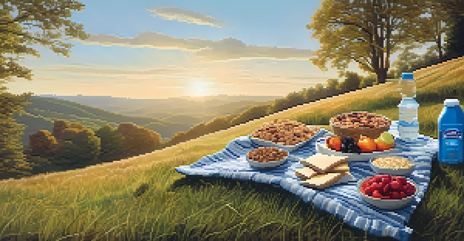 A picnic scene with healthy snacks on a grassy hillside in Pennsylvania, surrounded by rolling hills and clear sky.