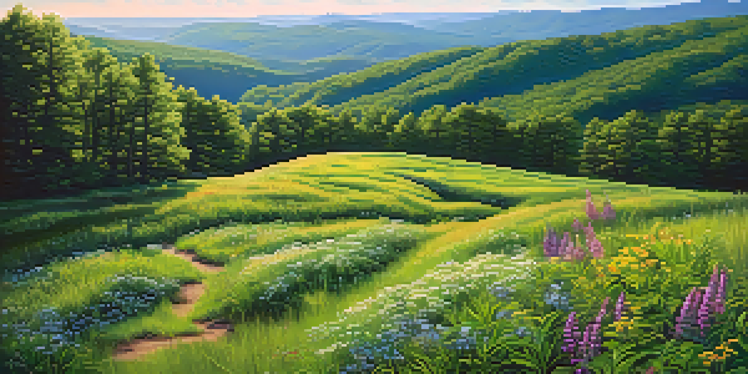 A scenic landscape of the Appalachian Trail in Pennsylvania with green hills, forests, and wildflowers under a blue sky.