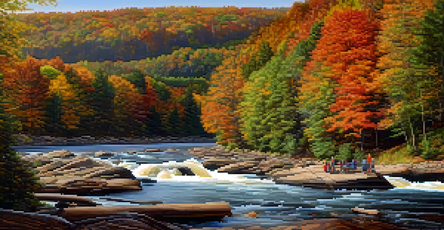 A lively river scene in Ohiopyle State Park with rafters on the water and a family having a picnic among autumn foliage.