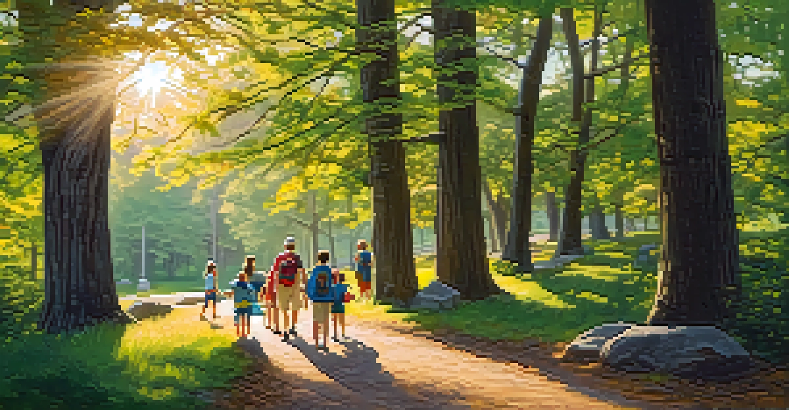 A family hiking with children on a scenic trail in a historical park.