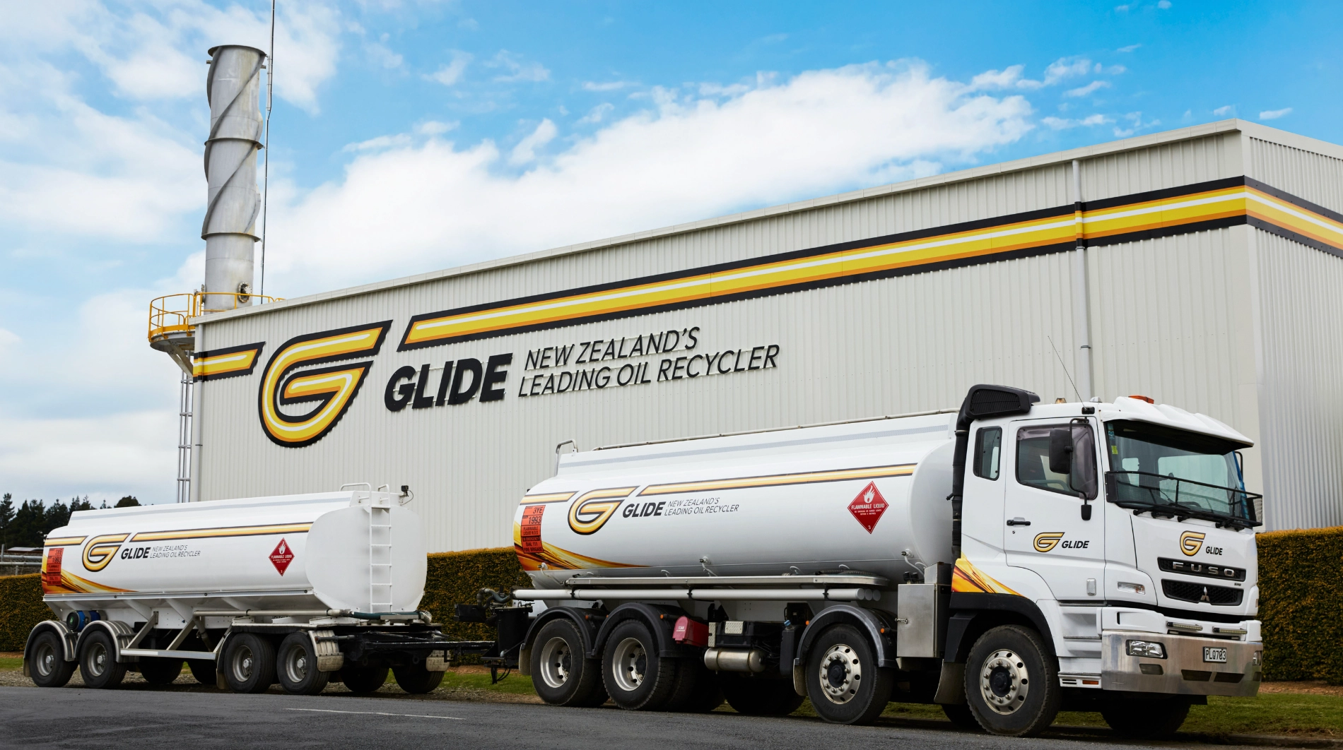 Glide tanker truck and trailer parked outside the Glide oil recycling facility in New Zealand
