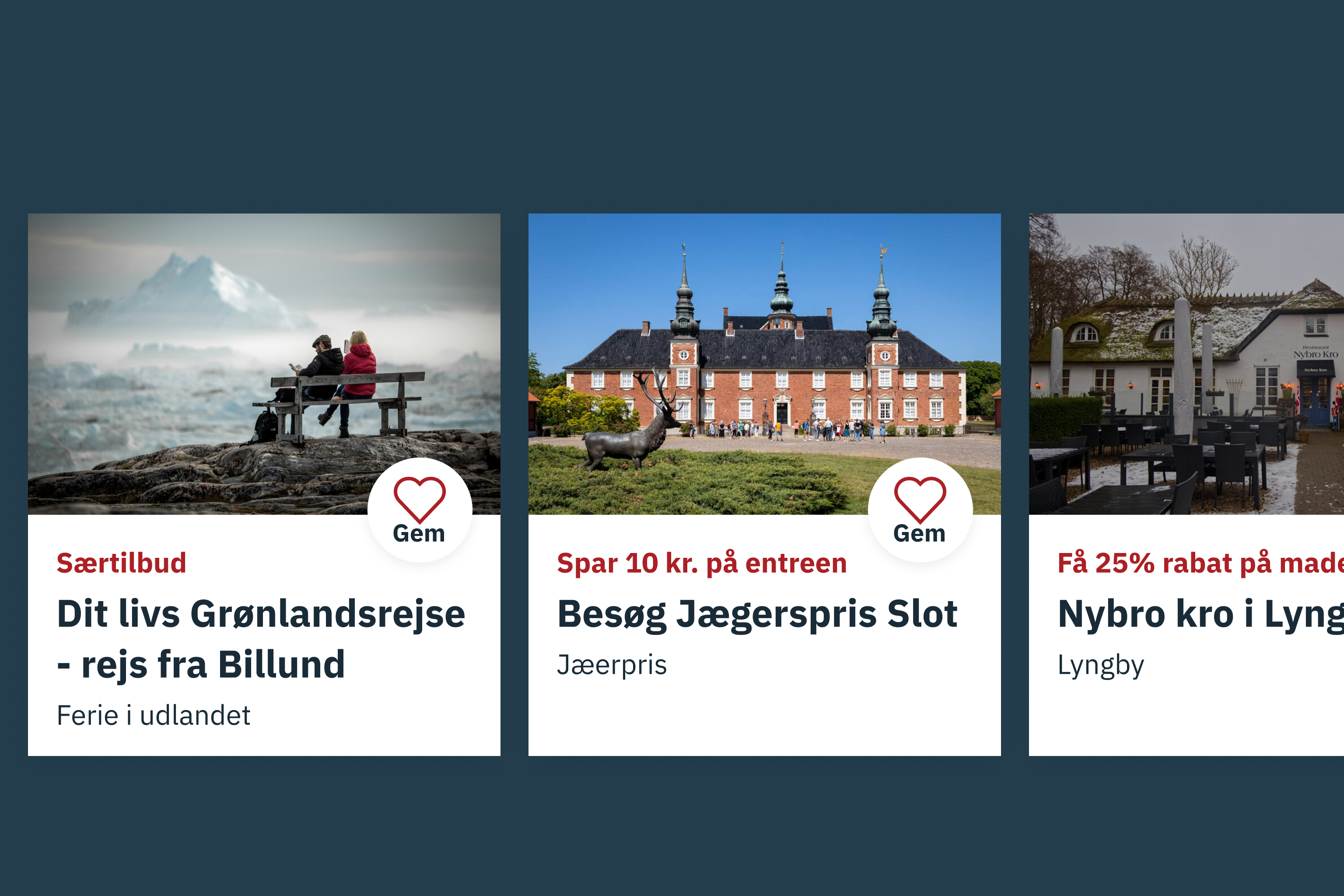 A screenshot of a smartphone screen displaying a travel app. The app features three travel offers: a special deal for a Greenland trip from Billund Airport, a discount on entrance to Jægerspris Slot, and a 25% discount on meals at Nybro Kro in Lyngby. The app's interface includes a heart icon to save offers and a "Gem" button."