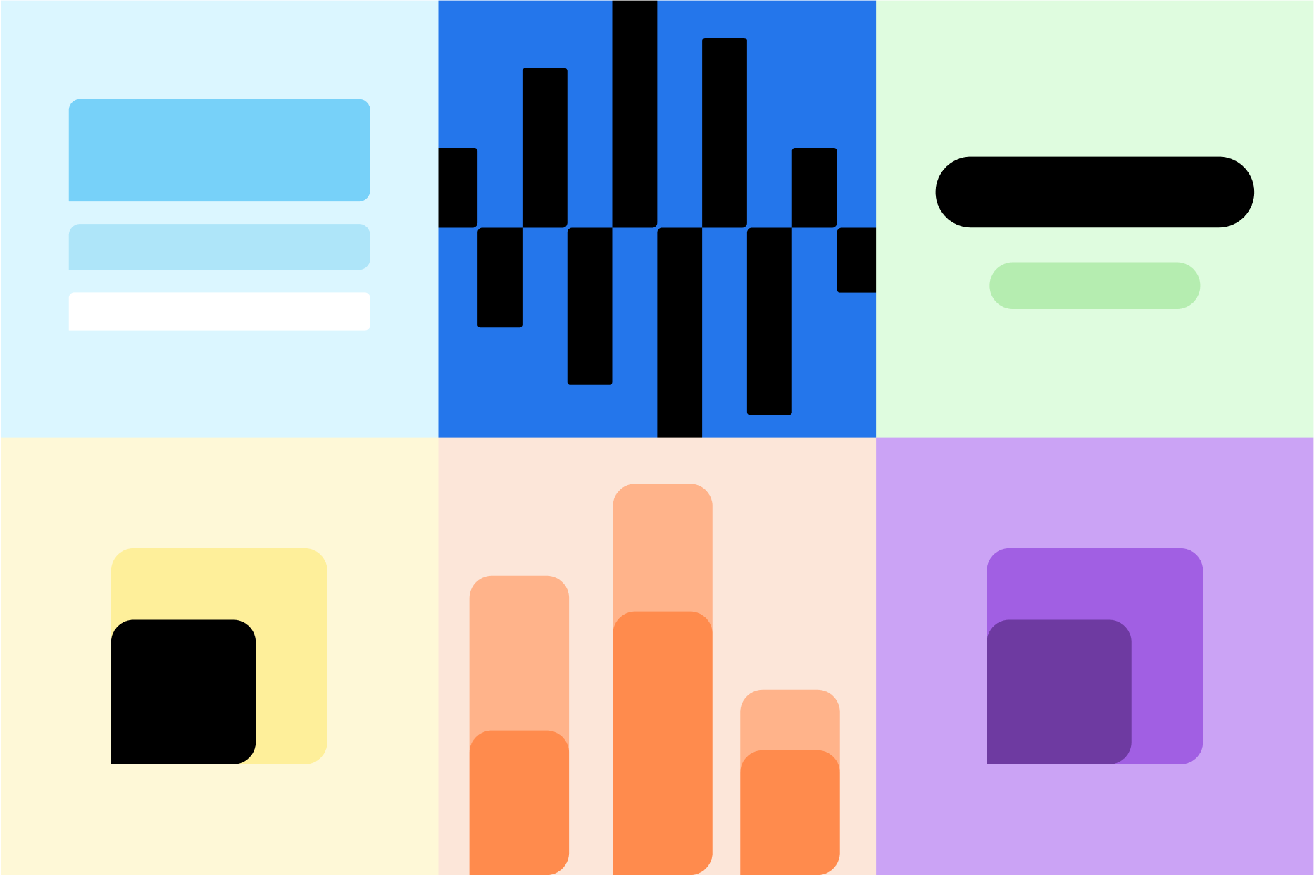 A grid of six colorful abstract illustrations: top-left shows three horizontal blue bars on a light blue background; top-center features a black waveform on a blue background; top-right has a long black rounded bar above a shorter green one on a mint green background; bottom-left displays a small black square over a larger yellow square on a cream background; bottom-center contains vertical orange bar graphs on a peach background; bottom-right shows overlapping purple squares on a lavender background
