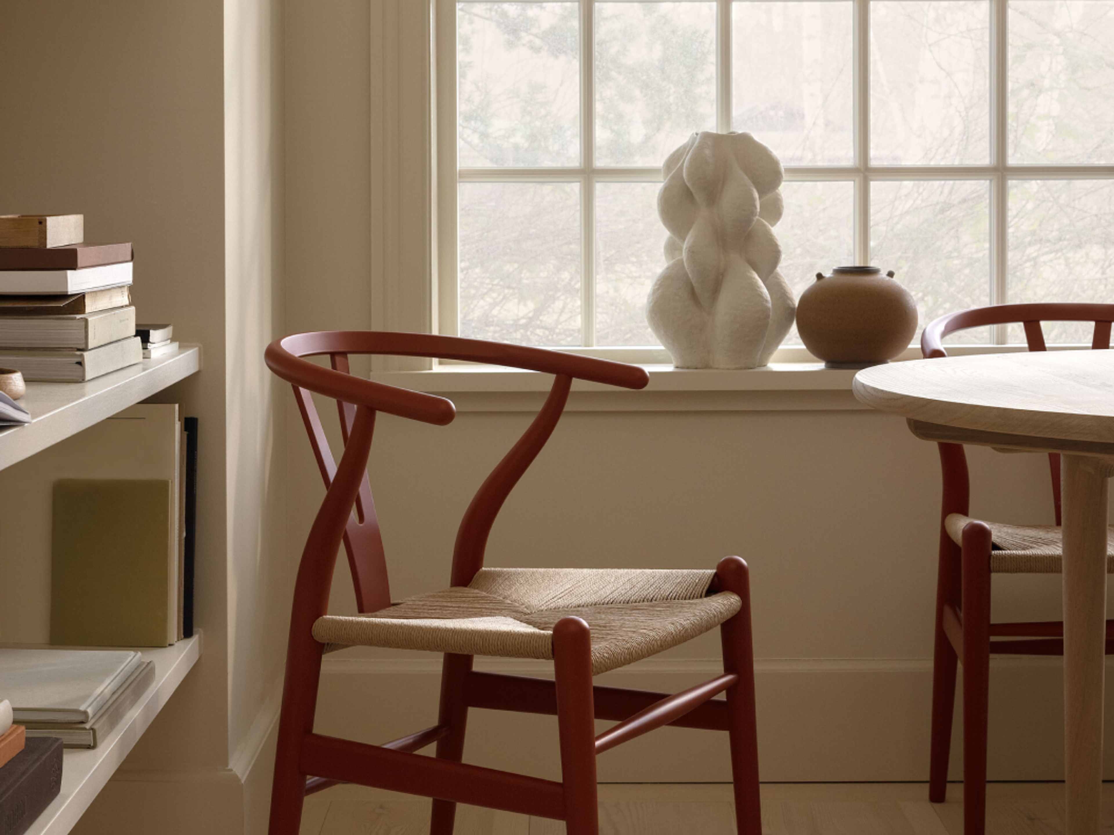 dark red wishbone chair