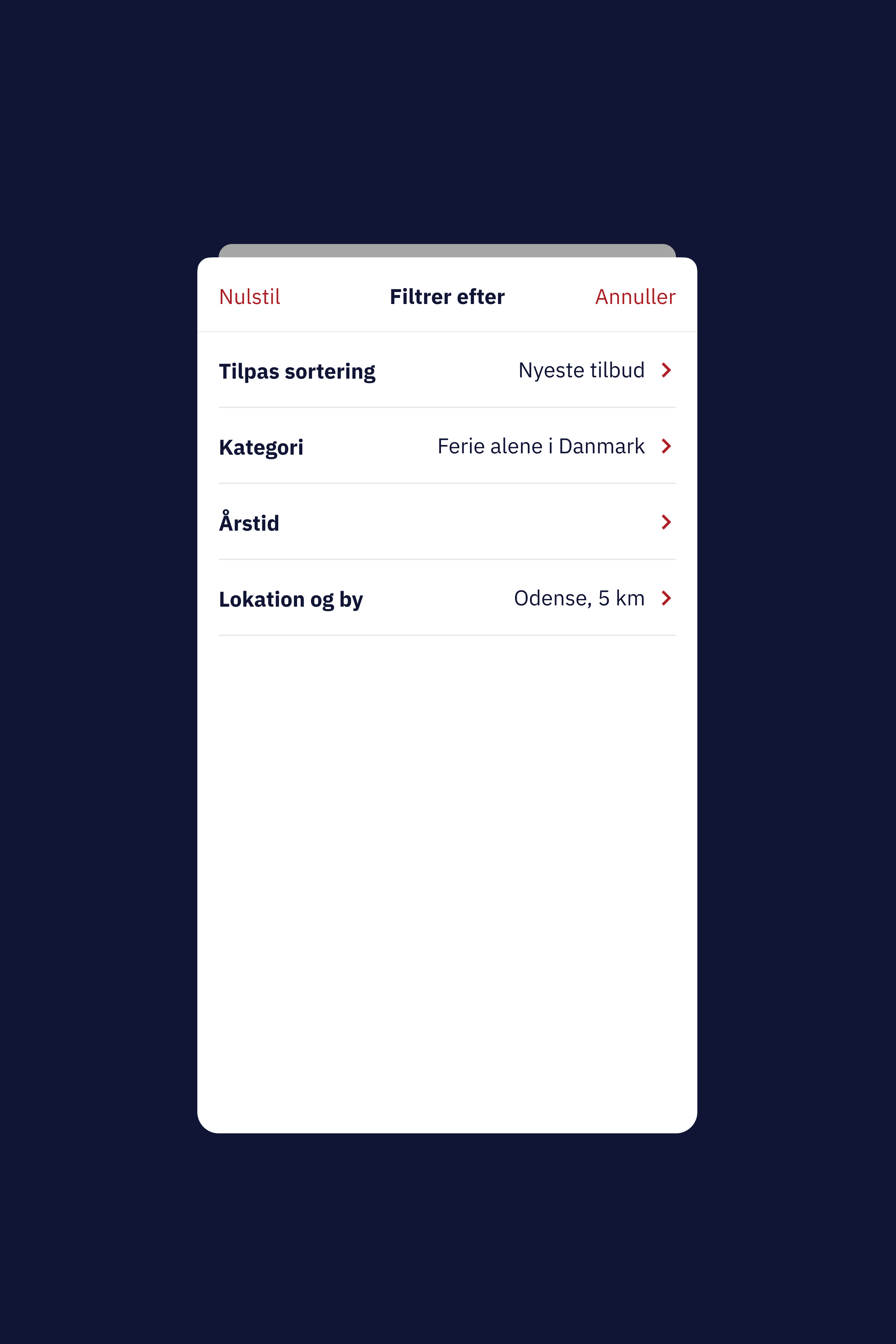 A minimalistic image highlighting the filter feature in the Ældre Sagen Tilbuds App. The screen displays options to filter offers by newest, category, season, and location, showcasing the app's user-friendly and organized interface.