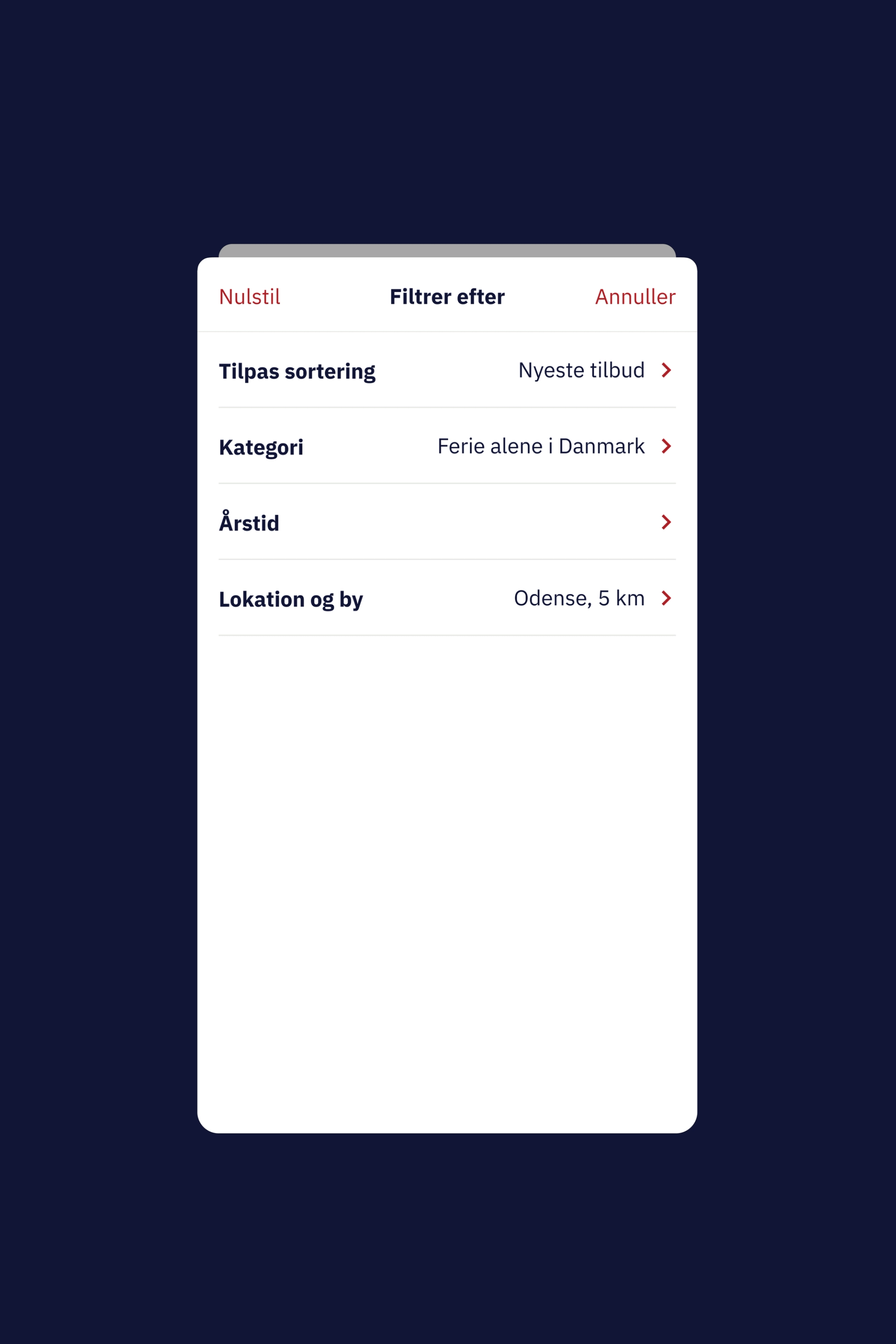 A minimalistic image highlighting the filter feature in the Ældre Sagen Tilbuds App. The screen displays options to filter offers by newest, category, season, and location, showcasing the app's user-friendly and organized interface.