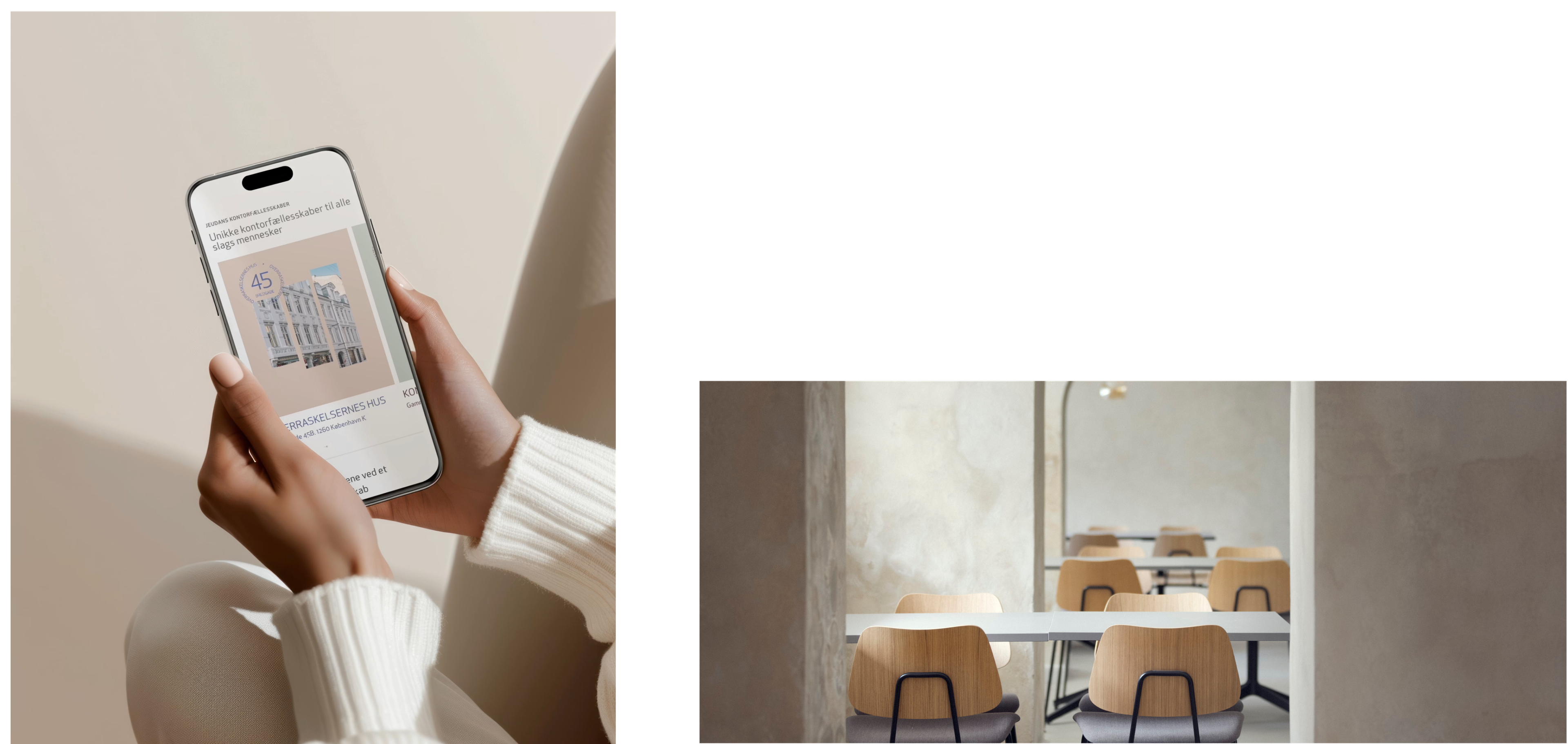 "Split-image design featuring a person holding a smartphone on the left side, browsing a modern workspace-related website with a minimalistic interface. The right side showcases a stylish, minimalist coworking space with light wooden chairs and white tables against textured beige walls. The combination emphasizes modern digital engagement with elegant, functional office design, ideal for promoting coworking spaces and digital productivity."