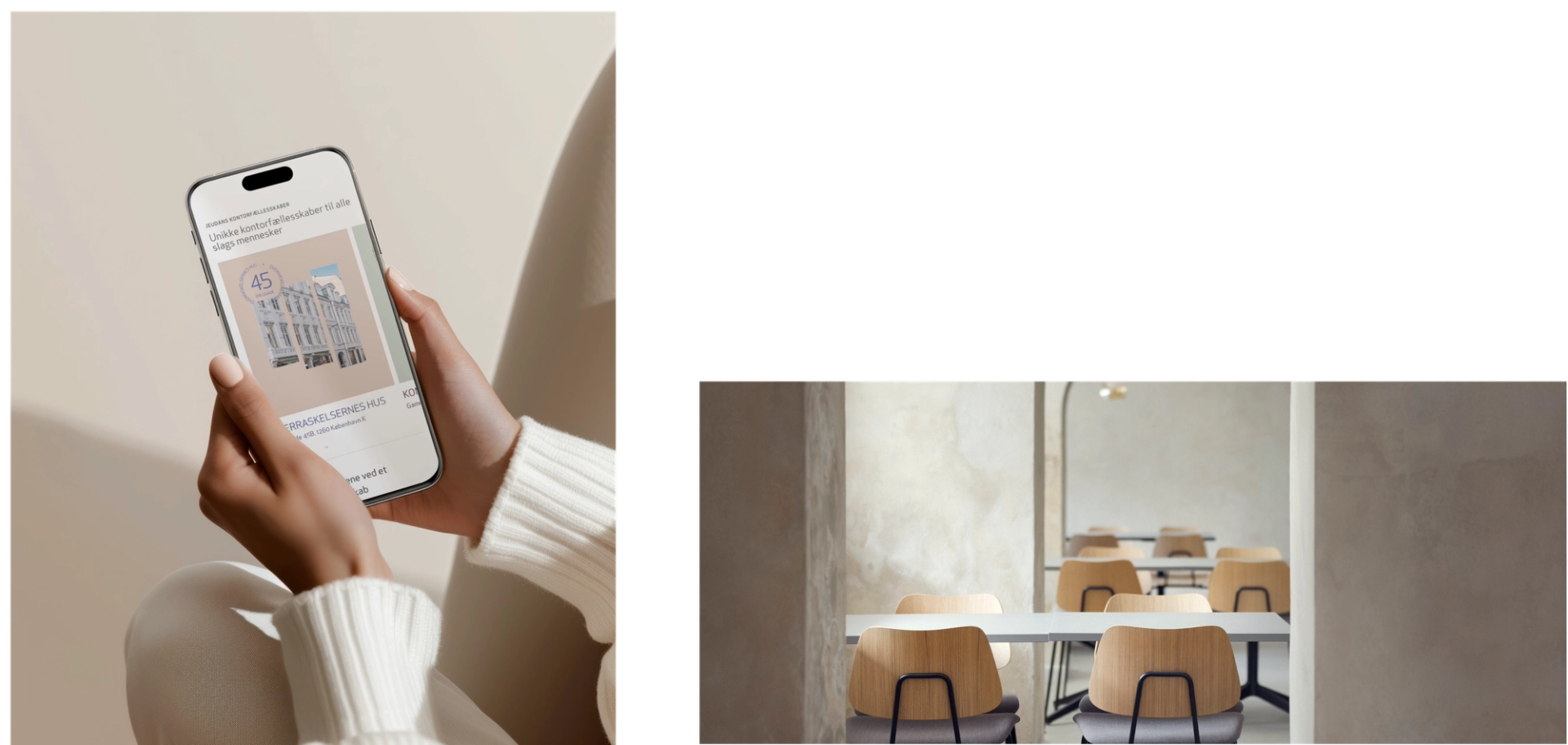 "Split-image design featuring a person holding a smartphone on the left side, browsing a modern workspace-related website with a minimalistic interface. The right side showcases a stylish, minimalist coworking space with light wooden chairs and white tables against textured beige walls. The combination emphasizes modern digital engagement with elegant, functional office design, ideal for promoting coworking spaces and digital productivity."