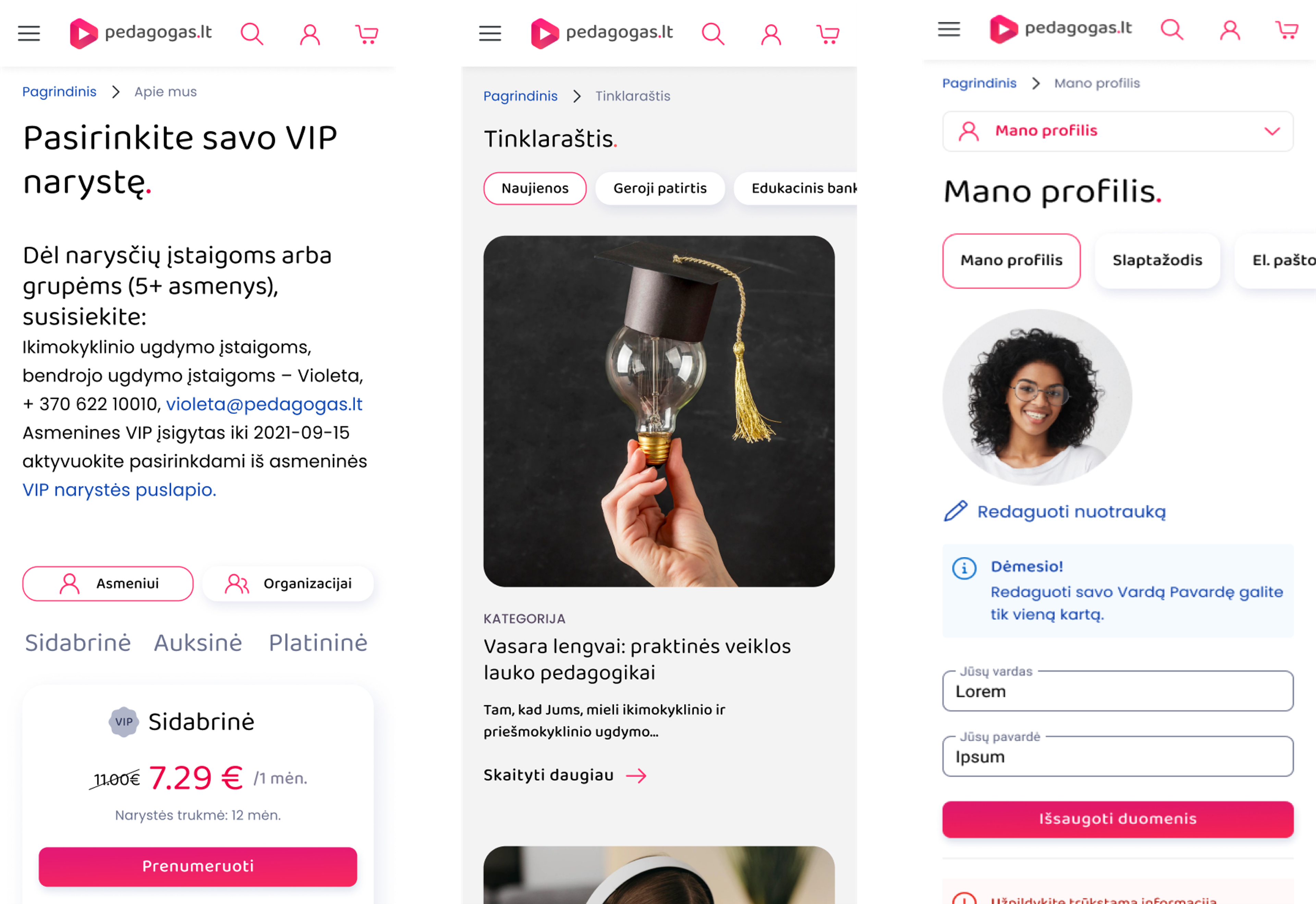 Pedagogas.lt mobile screens