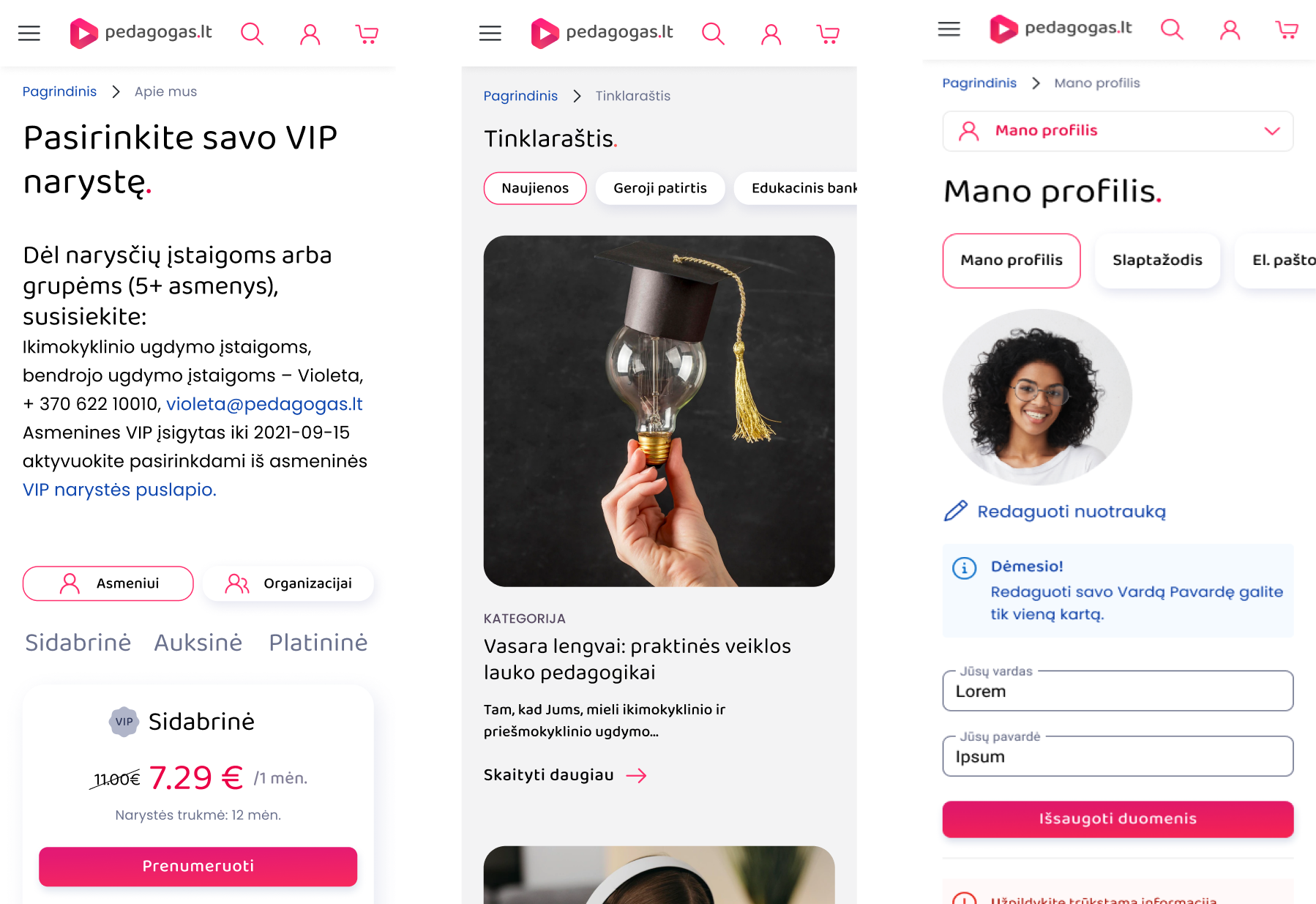 Pedagogas.lt mobile screens