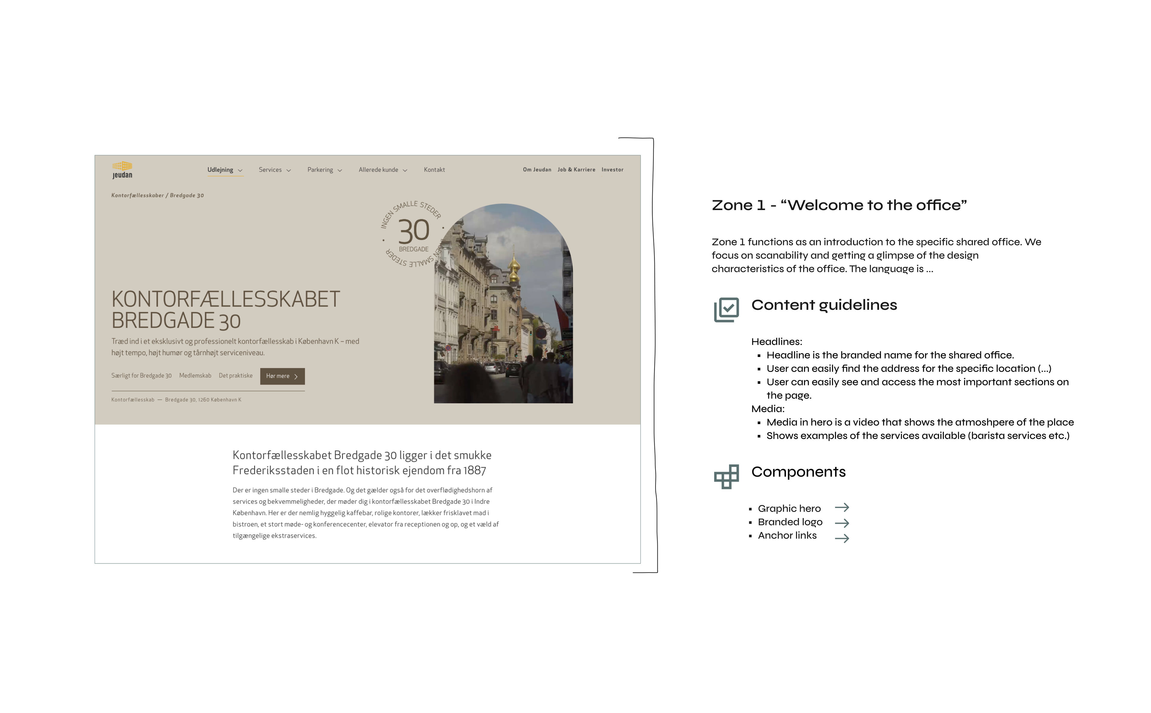 Screenshot of a professional office-sharing webpage for 'Kontorfællesskabet Bredgade 30' in Copenhagen, showcasing a modern yet historic workspace with a refined design. The webpage highlights the building's historical charm from 1887, emphasizing premium office services, quiet meeting rooms, and stylish common areas. The layout includes a welcoming section labeled 'Zone 1 – Welcome to the Office,' with icons representing amenities and navigation features, ideal for SEO targeting coworking spaces, professional office rentals, and premium workspace solutions.