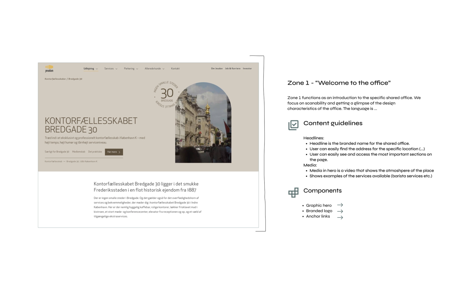 Screenshot of a professional office-sharing webpage for 'Kontorfællesskabet Bredgade 30' in Copenhagen, showcasing a modern yet historic workspace with a refined design. The webpage highlights the building's historical charm from 1887, emphasizing premium office services, quiet meeting rooms, and stylish common areas. The layout includes a welcoming section labeled 'Zone 1 – Welcome to the Office,' with icons representing amenities and navigation features, ideal for SEO targeting coworking spaces, professional office rentals, and premium workspace solutions.