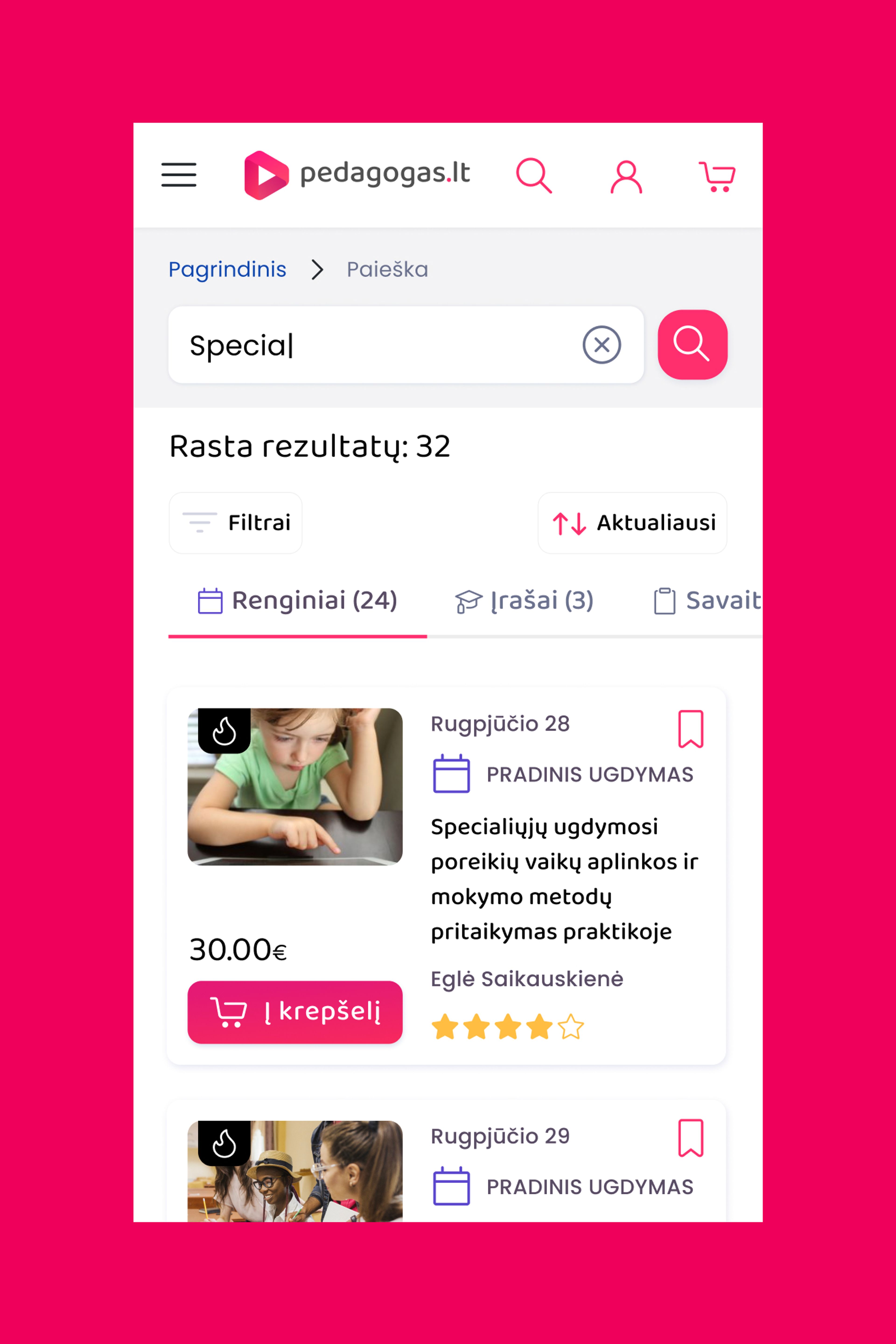 Remake of pedagogas.lt website on mobile screen