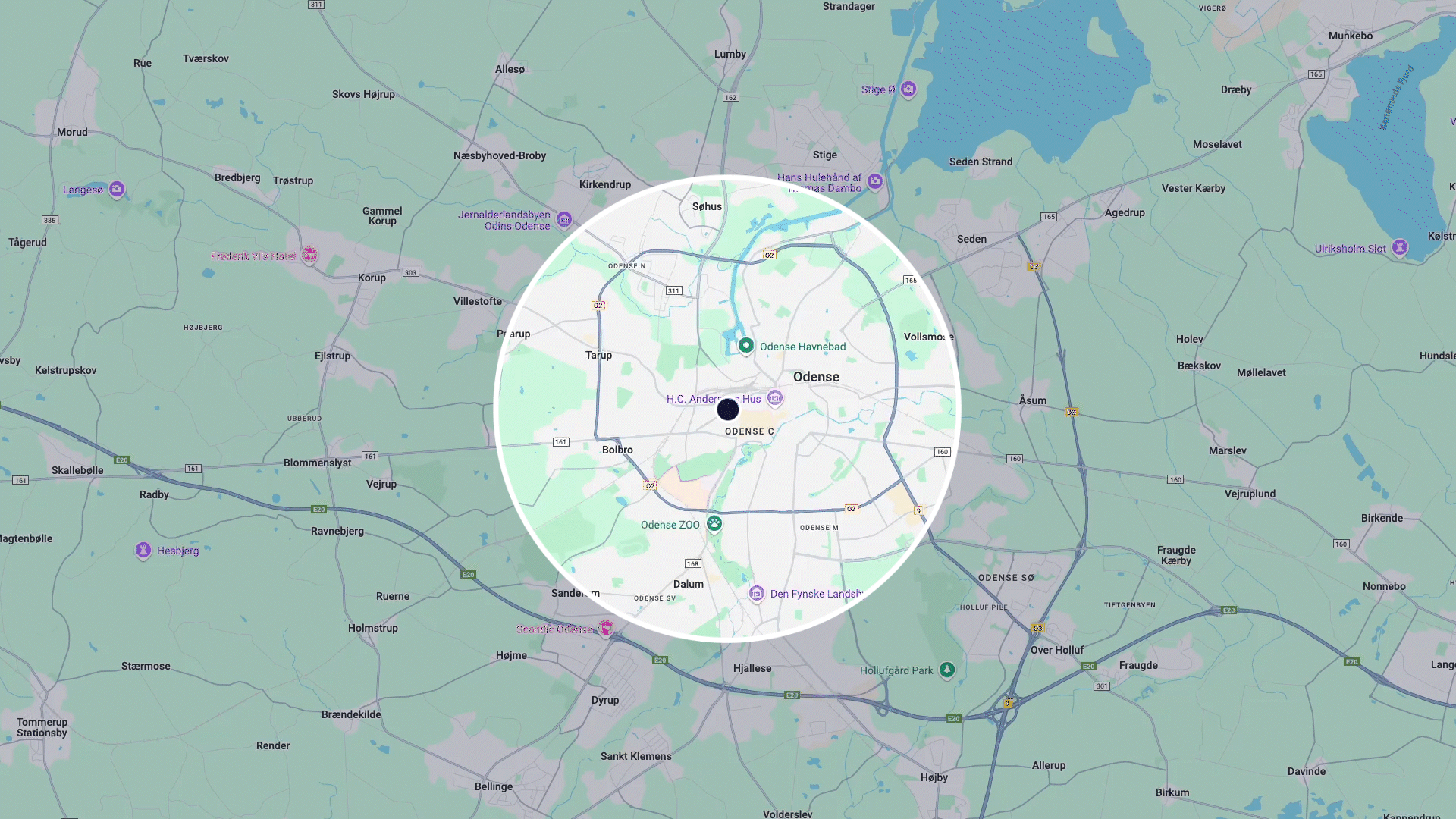 A dynamic gif showcasing the feture that showcases offers in the area. This is a gif of the map of Odense showcasing how the users can select their available offers based on distance