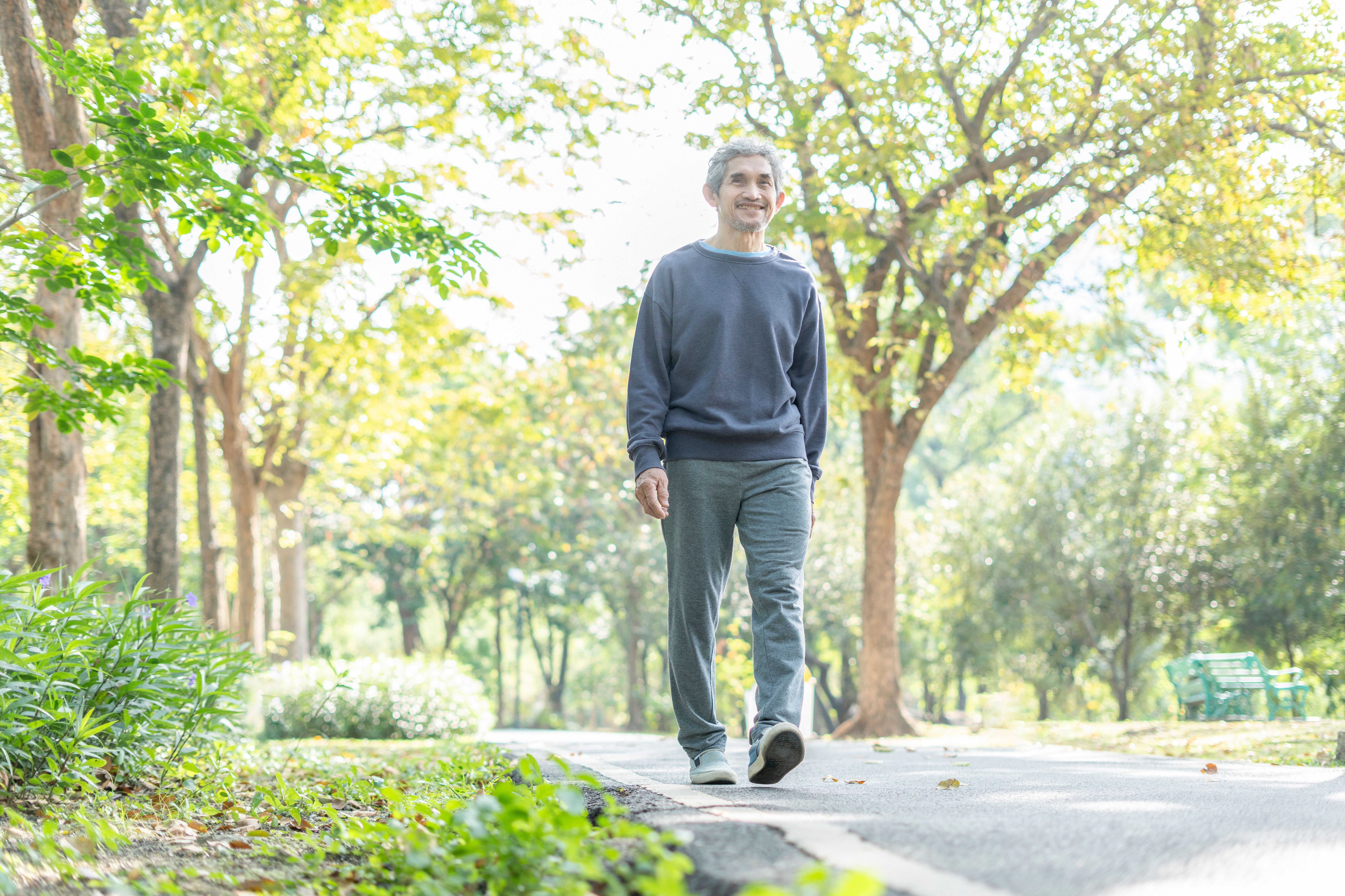 An older man walking along a paved path through a sunlit park, seen from the front in mid stride.