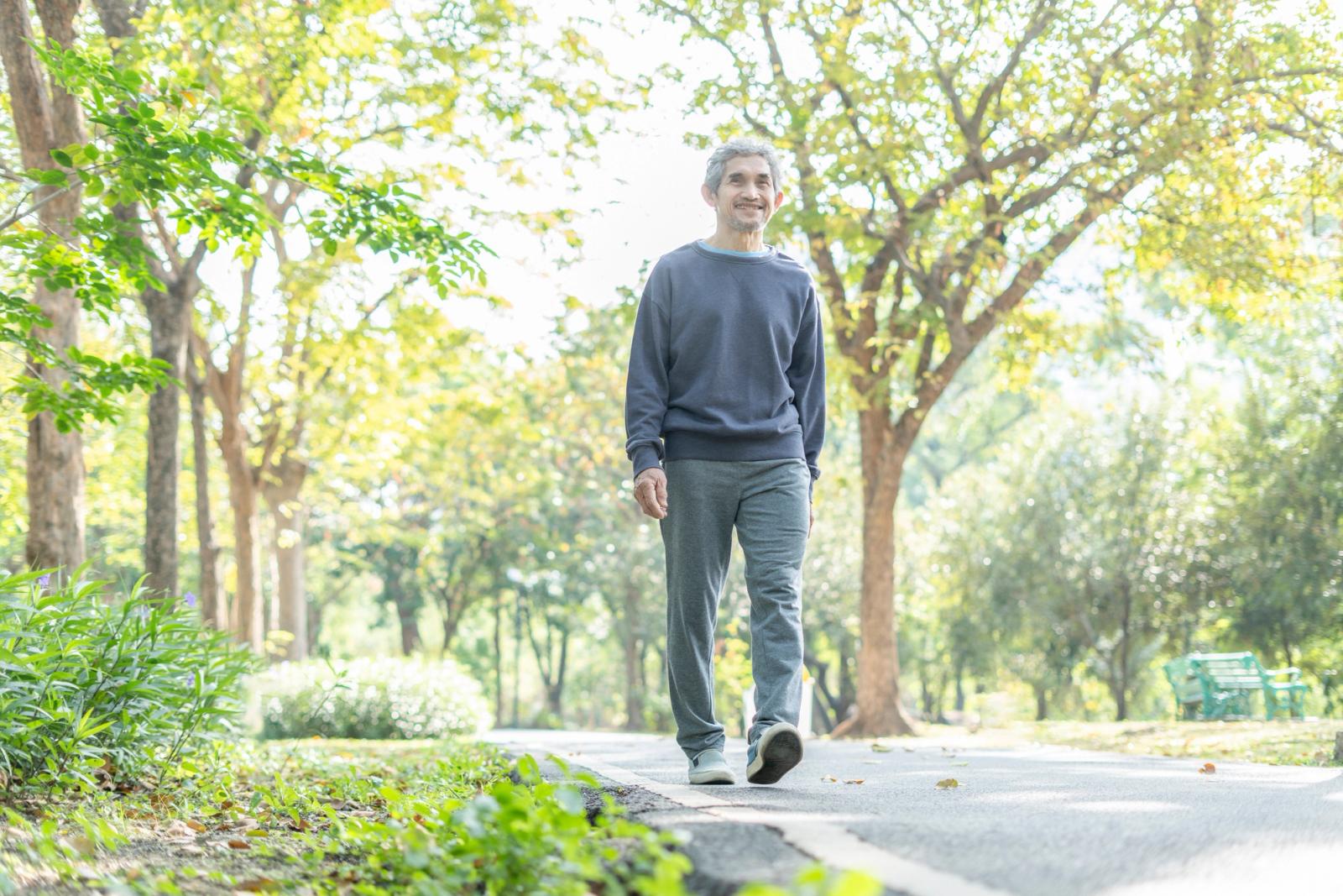 An older man walking along a paved path through a sunlit park, seen from the front in mid stride.