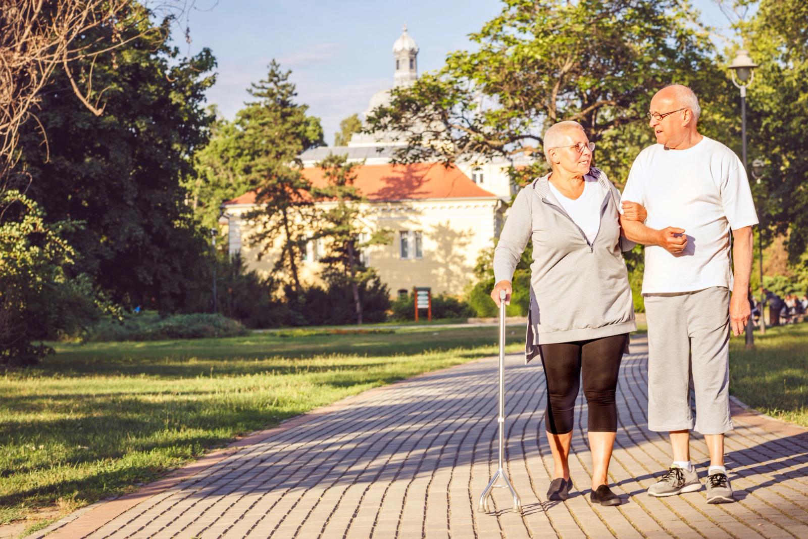 An elderly couple walking arm in arm along a paved path through a park on a sunny day.