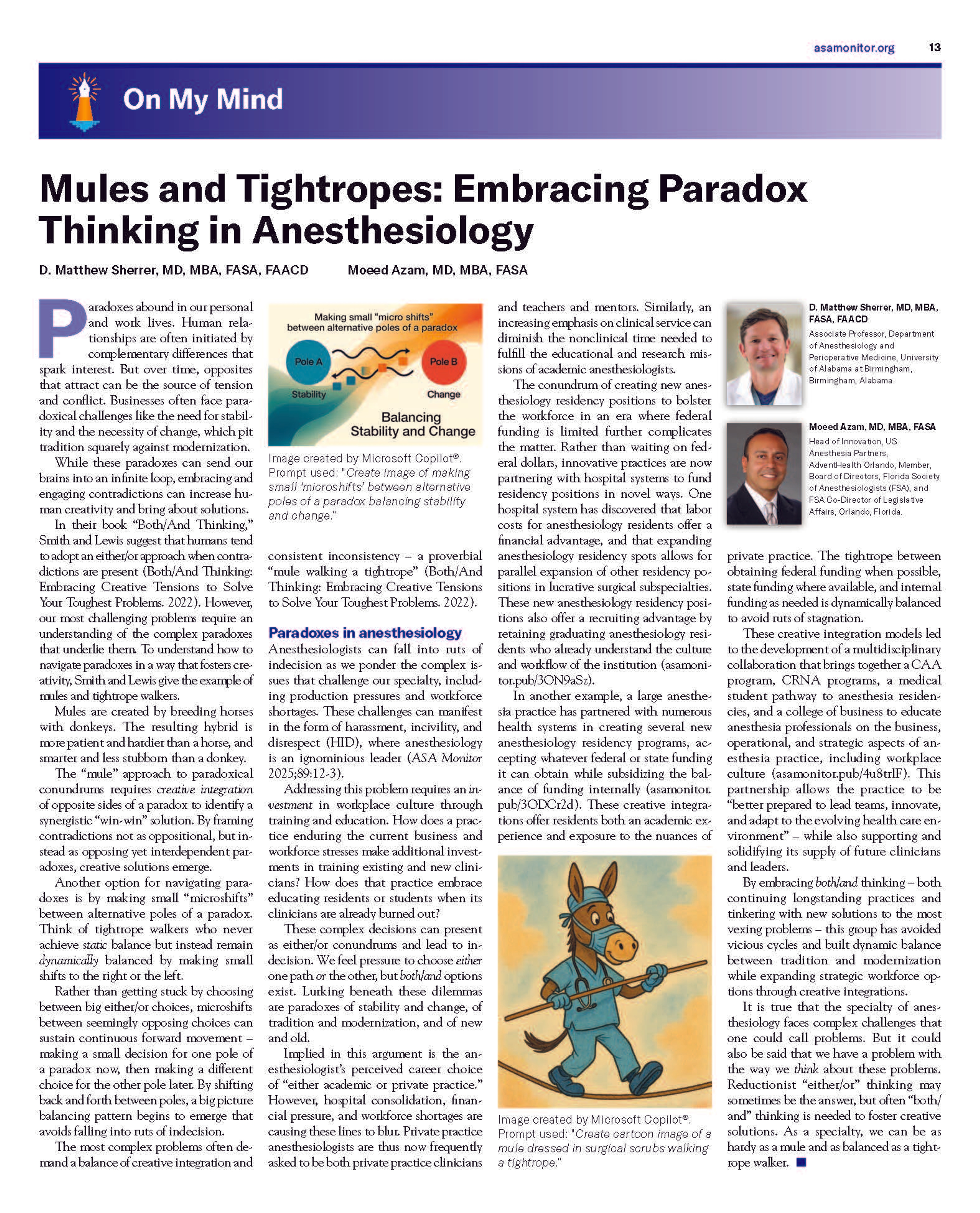 Mules and Tightropes: Embracing Paradox Thinking in Anesthesiology