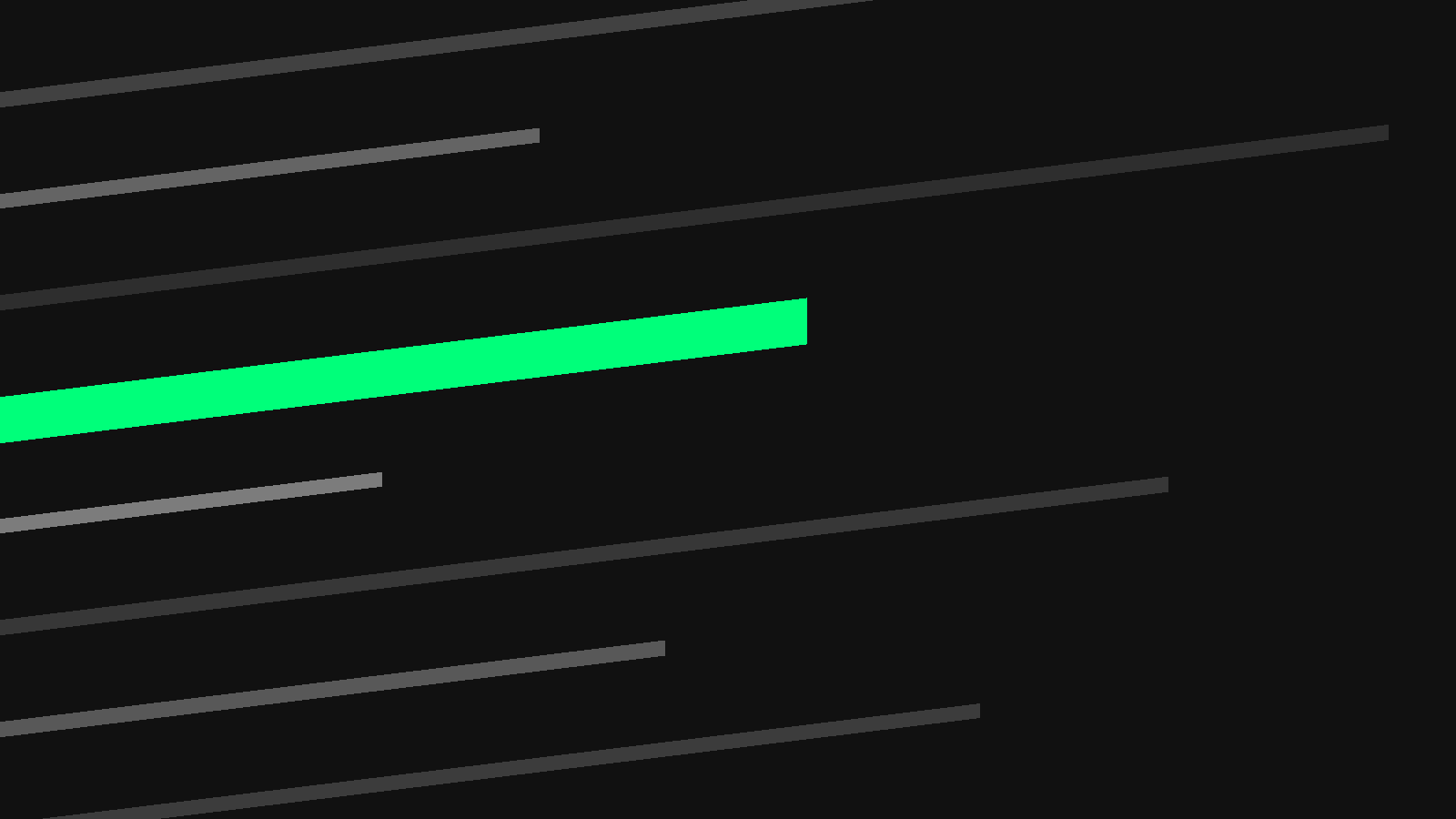 Abstrakte Bewegungsstudie: schräg verlaufende Linien auf schwarzer Fläche, eine Linie in Spring Green hervorgehoben.