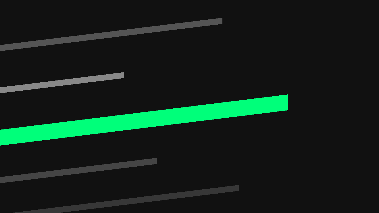Abstrakte Bewegungsstudie: wenige lange Linien auf schwarzer Fläche, eine breite Linie in Spring Green.
