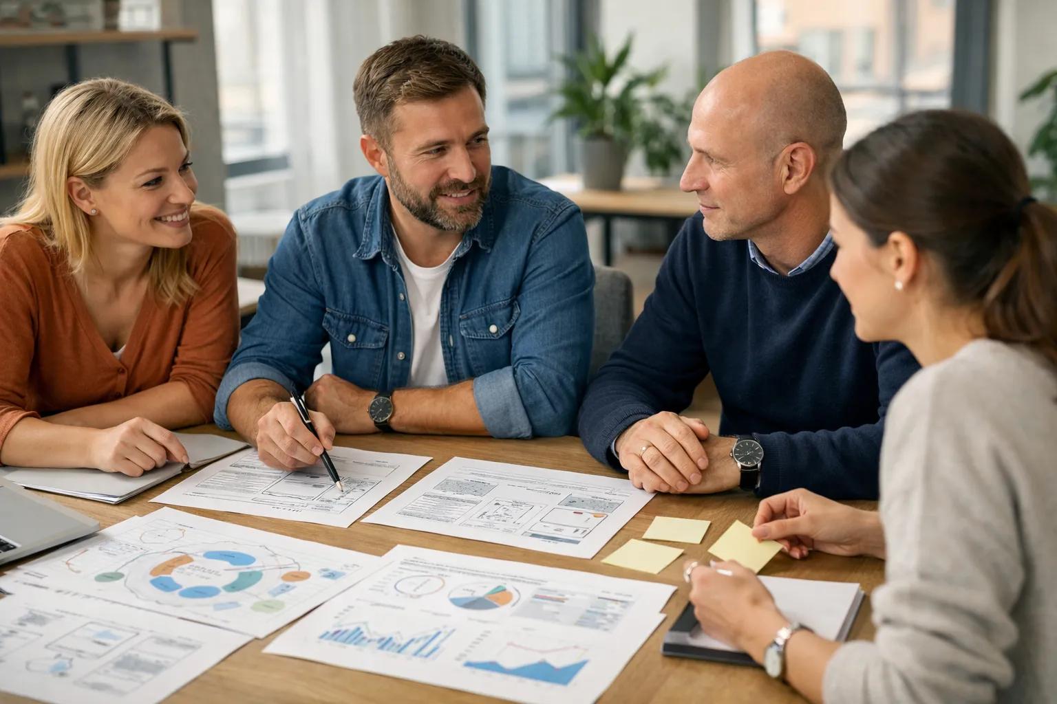 Lite team diskuterer målgruppe, nettside og synlighet rundt et møtebord.