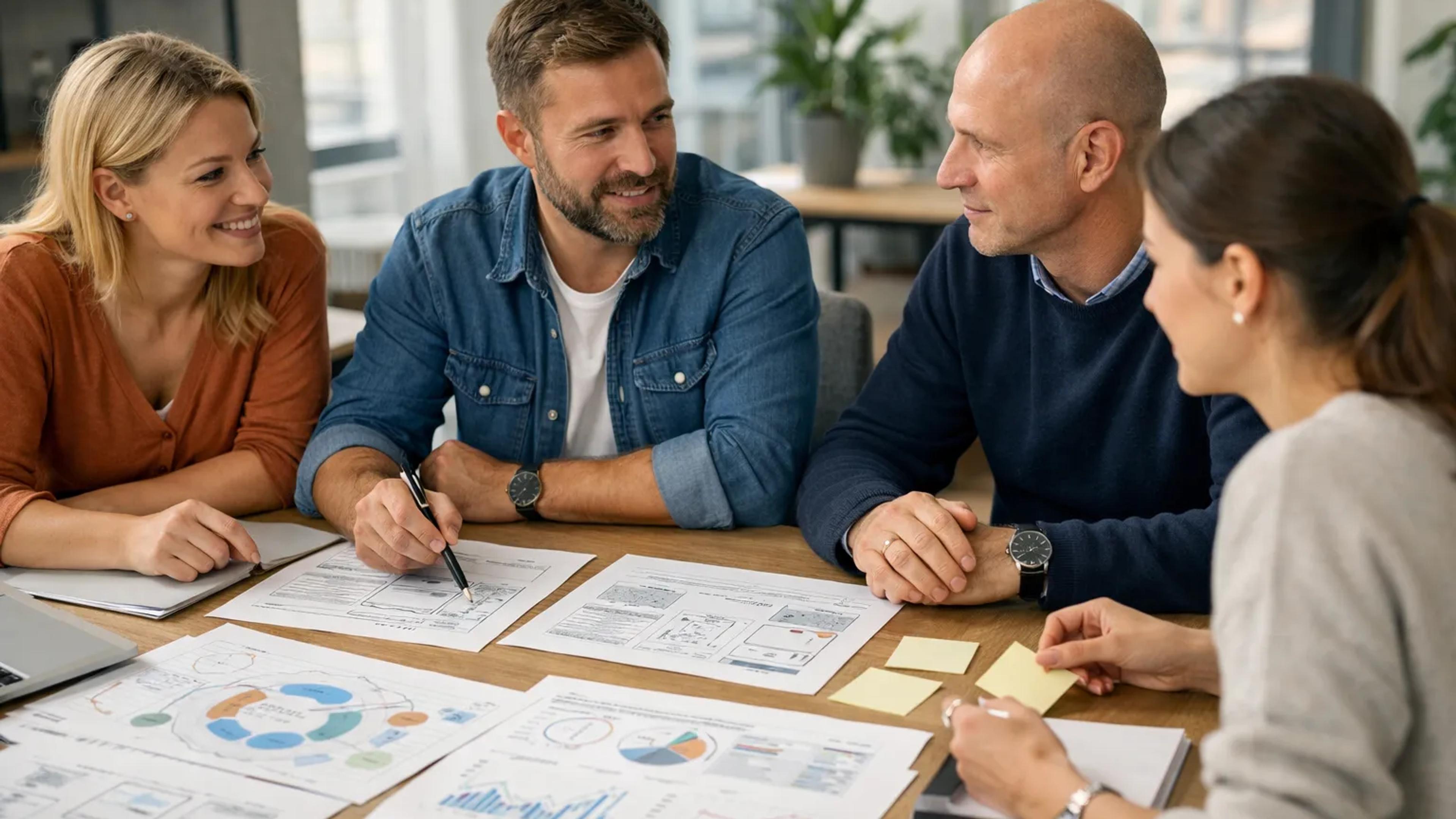Lite team diskuterer målgruppe, nettside og synlighet rundt et møtebord.