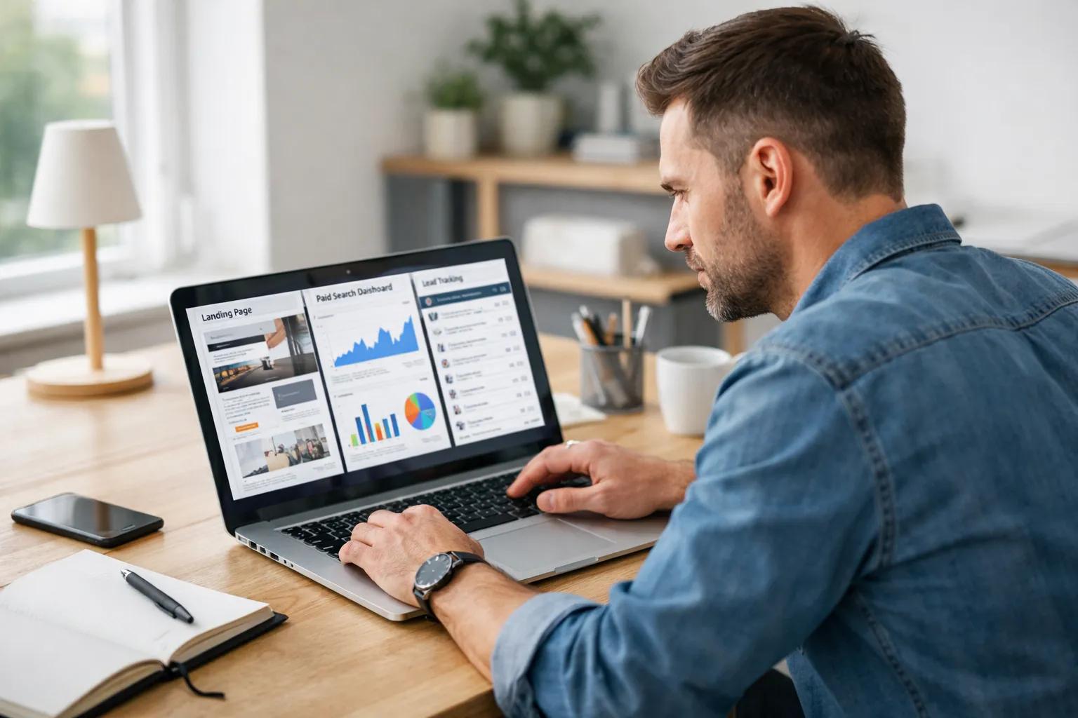 Markedsfører går gjennom landingsside, annonsekampanje og målinger på laptop.