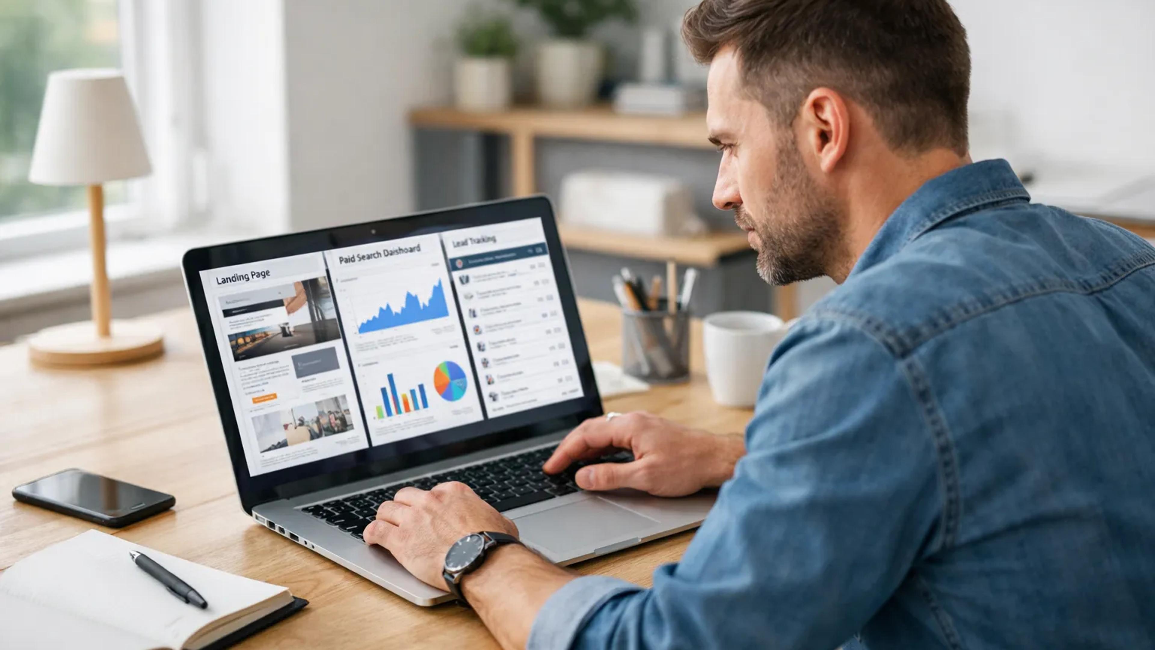 Markedsfører går gjennom landingsside, annonsekampanje og målinger på laptop.