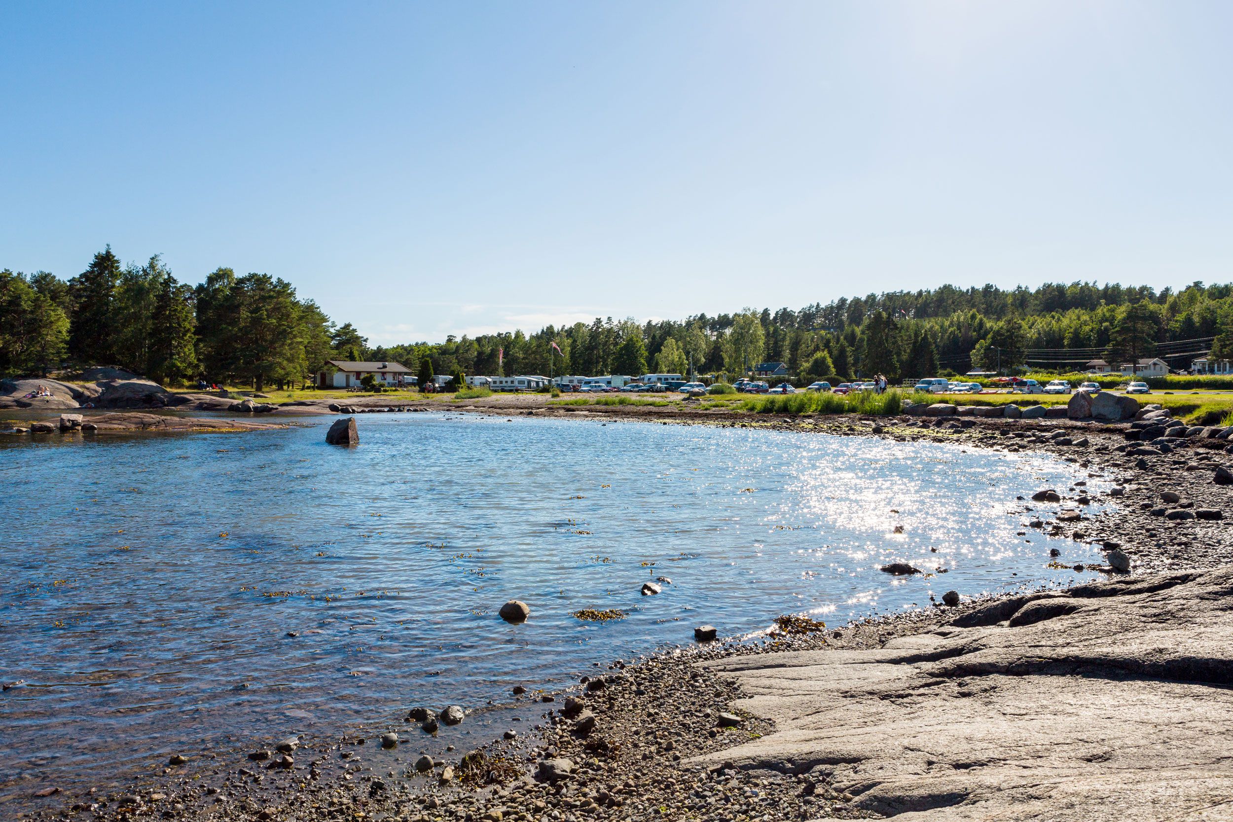 Steinete strand ved blå fjord omgitt av furskog og hytter i Ferder nasjonalpark