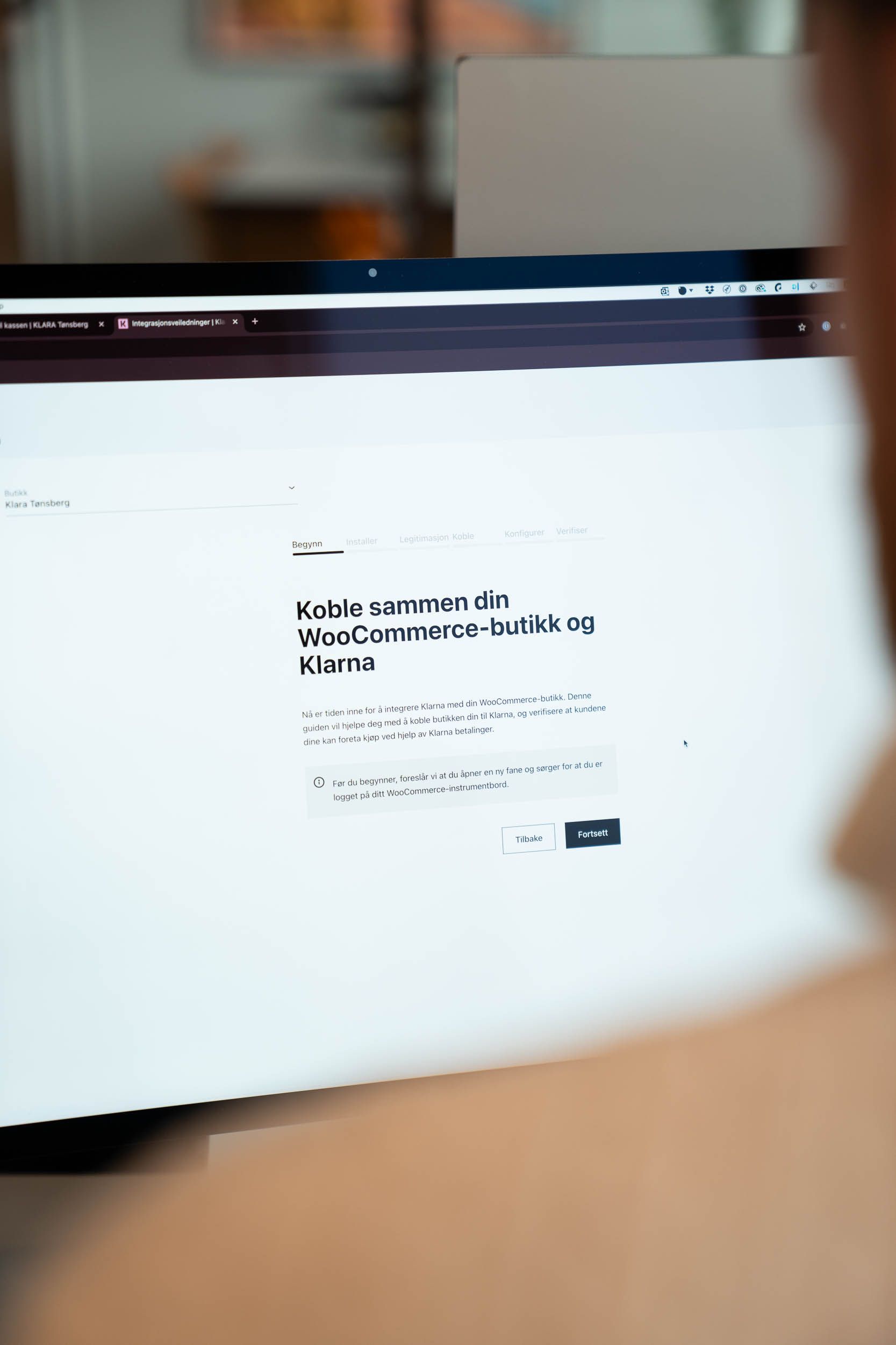 Skjermbilde av integrasjonside for WooCommerce-butikk og Klarna-betaling med to handlingsknapper.
