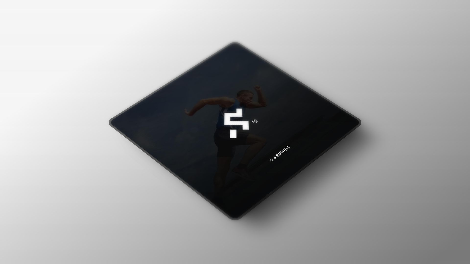 Schwart logo på svart kvadratisk bakgrunn med hvit pixelert designelement