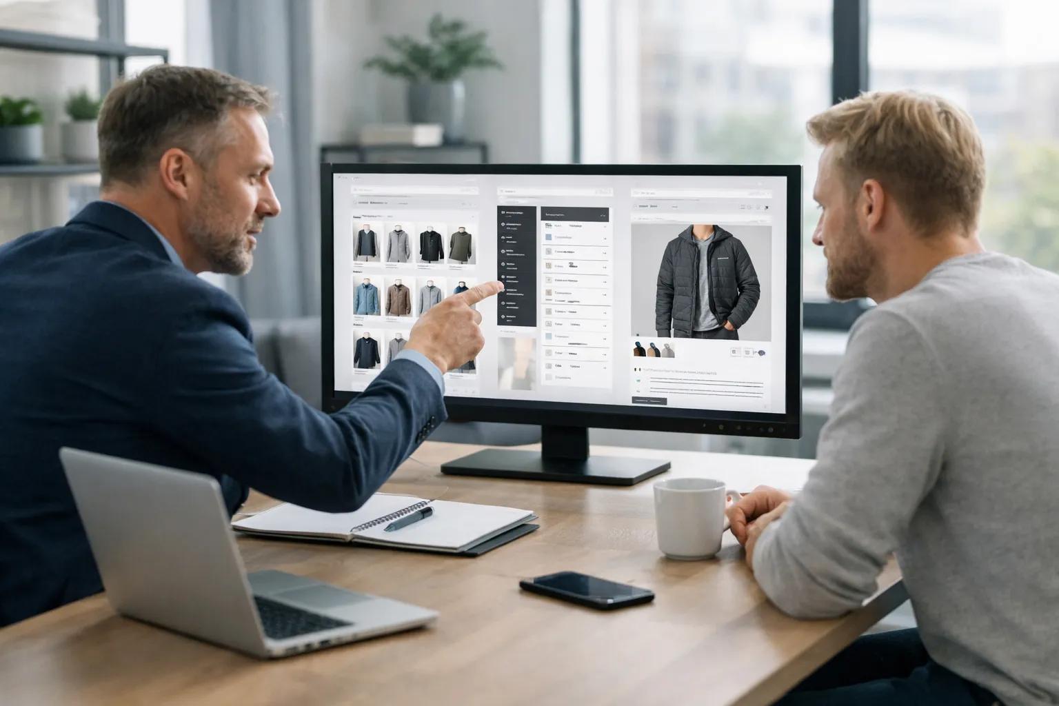 Personer som planlegger SEO-struktur for en nettbutikk med kategorier, filtre og produktsider.
