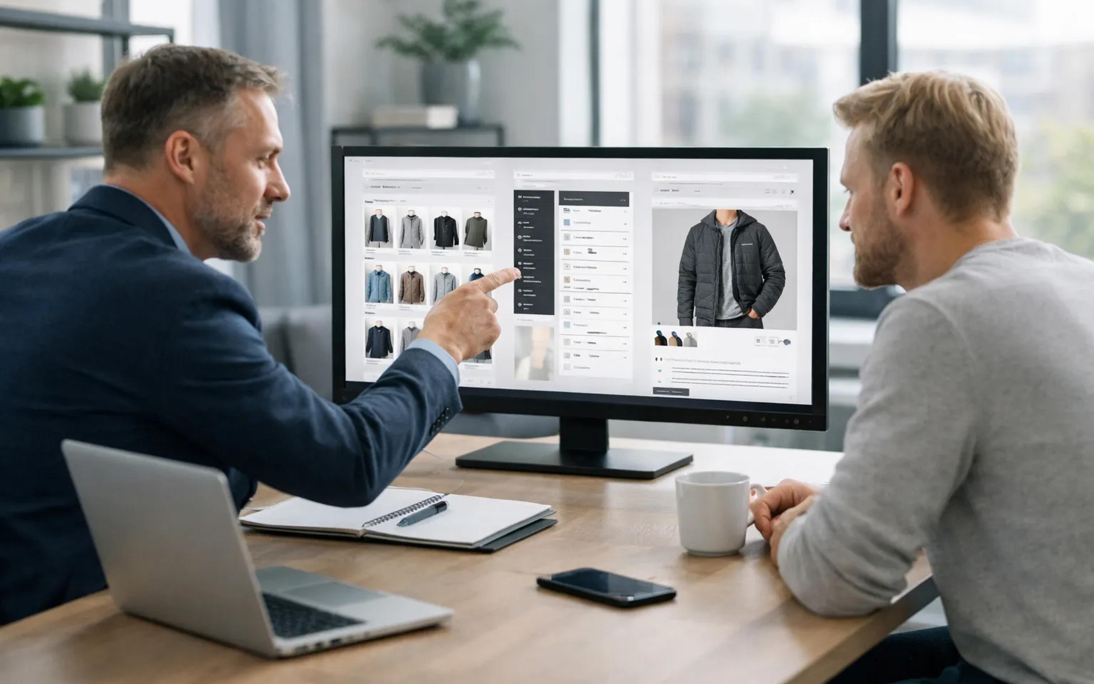 Personer som planlegger SEO-struktur for en nettbutikk med kategorier, filtre og produktsider.