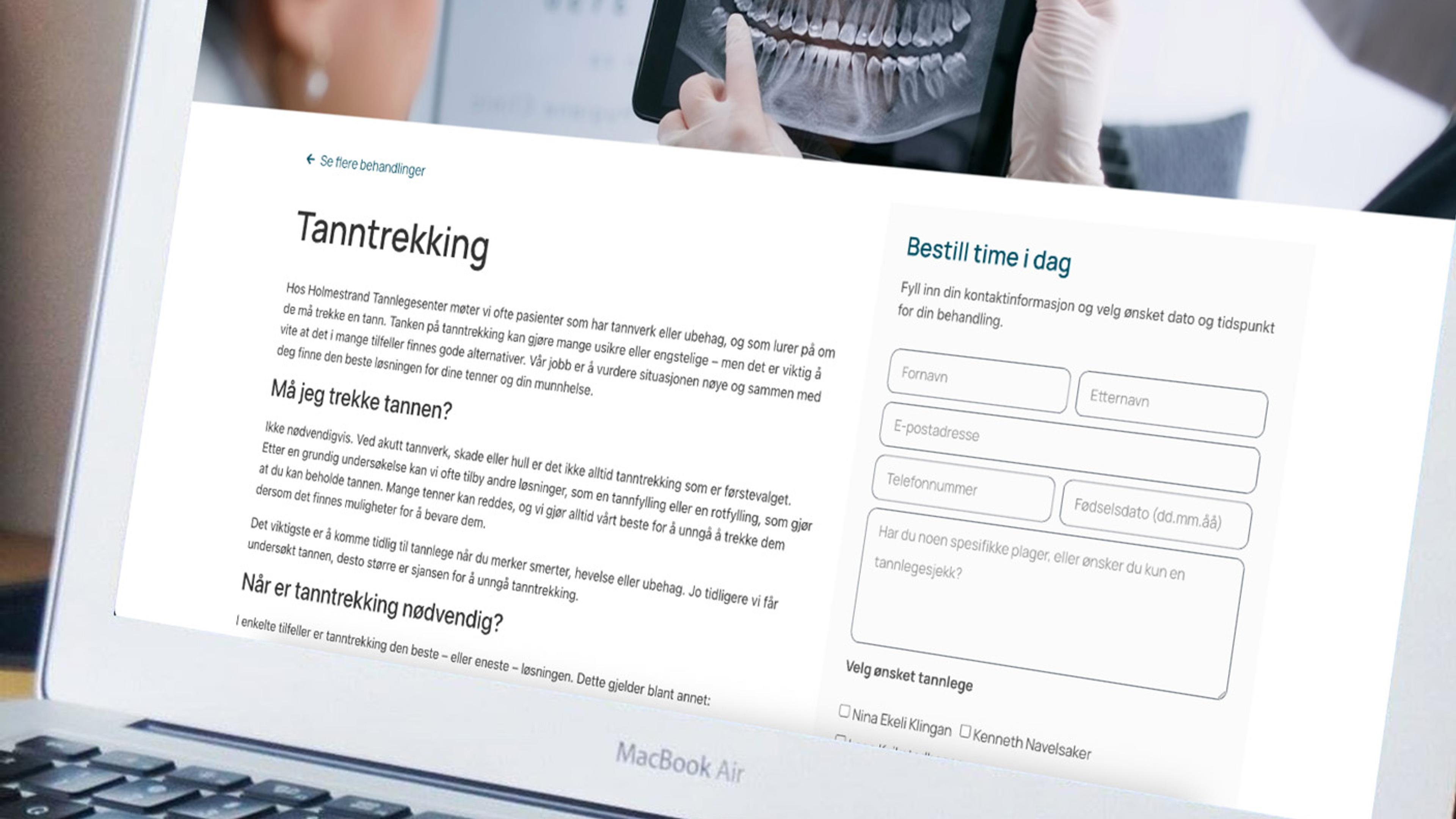 MacBook Air viser en tannlegepraksis sin responsiv nettside med informasjon om tanntrekking og bookingskjema