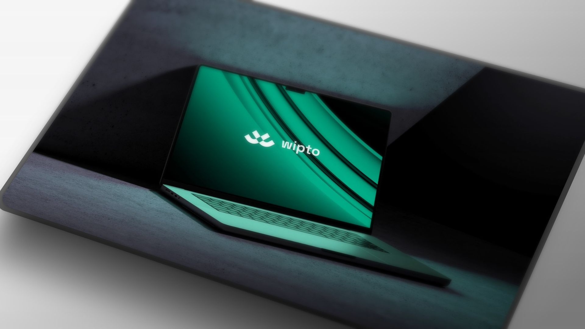 Wipto logo på grønn bakgrunn med abstrakte linjer og moderne designelementer