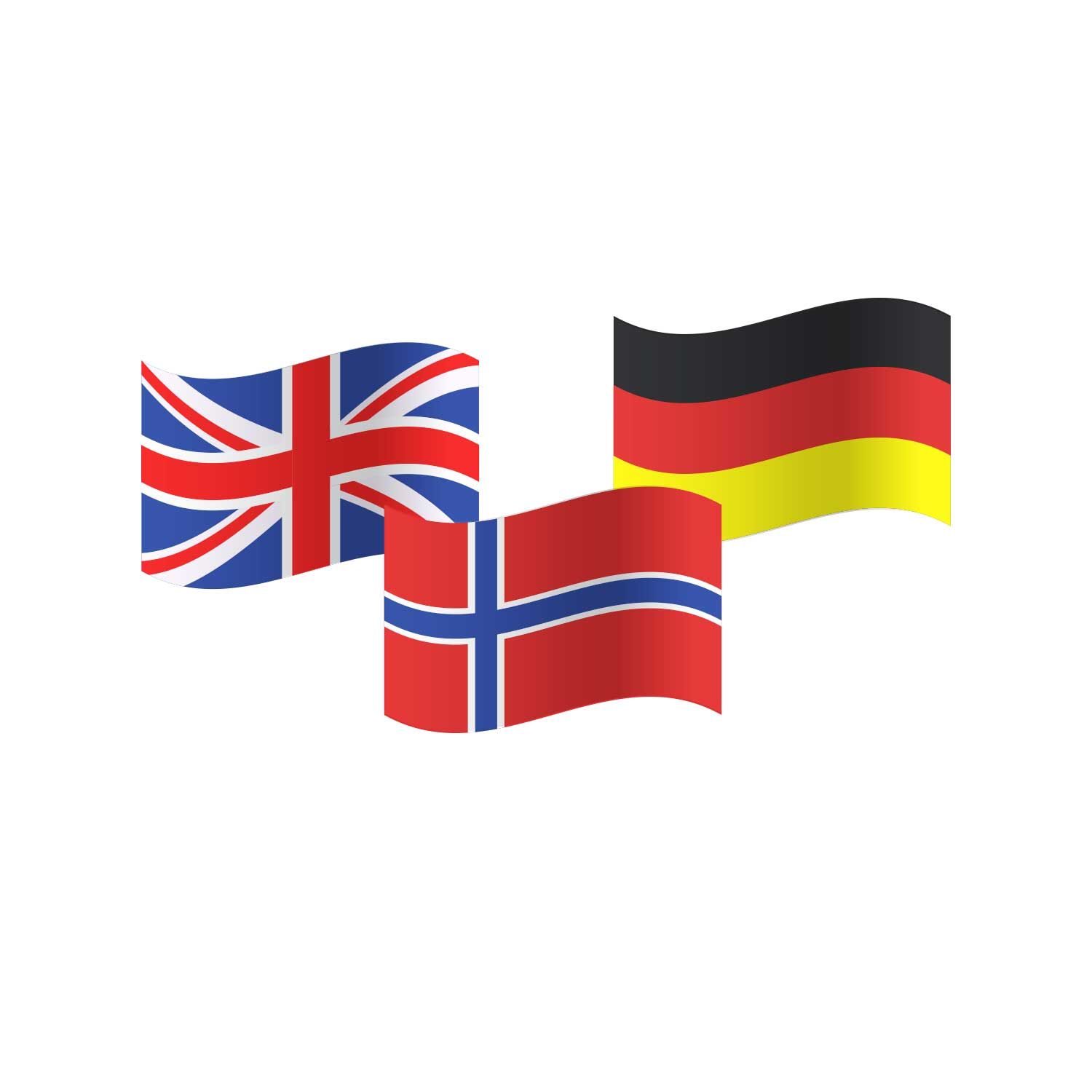 Tre flagg som blafrer: unionsflagget til Storbritannia, Norges flagg og Tysklands flagg.