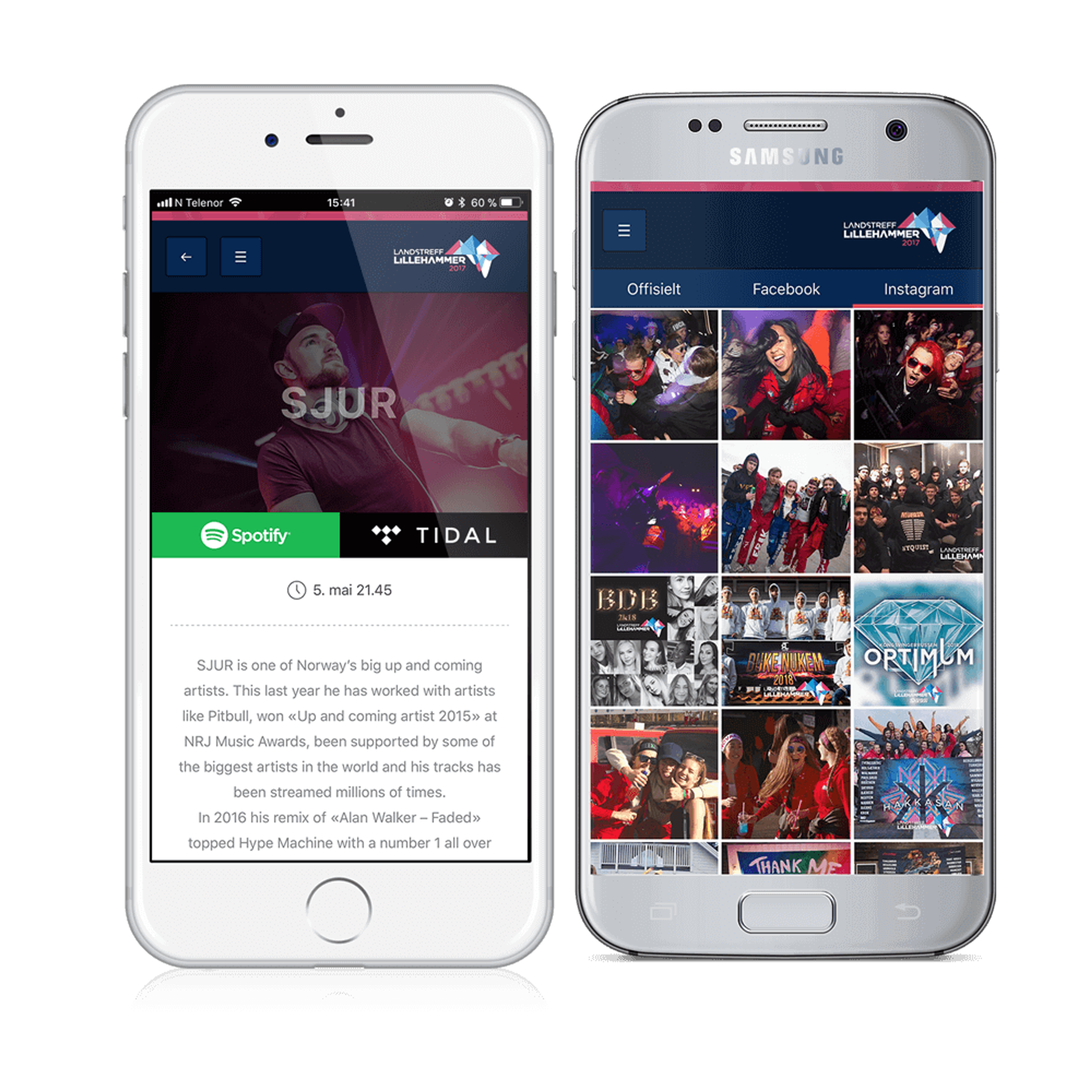 Mobilapp for Landstreff Lillehammer viser artistprofil for SJUR med streaming-plattformer og Instagram-feed med festivalbilleder.