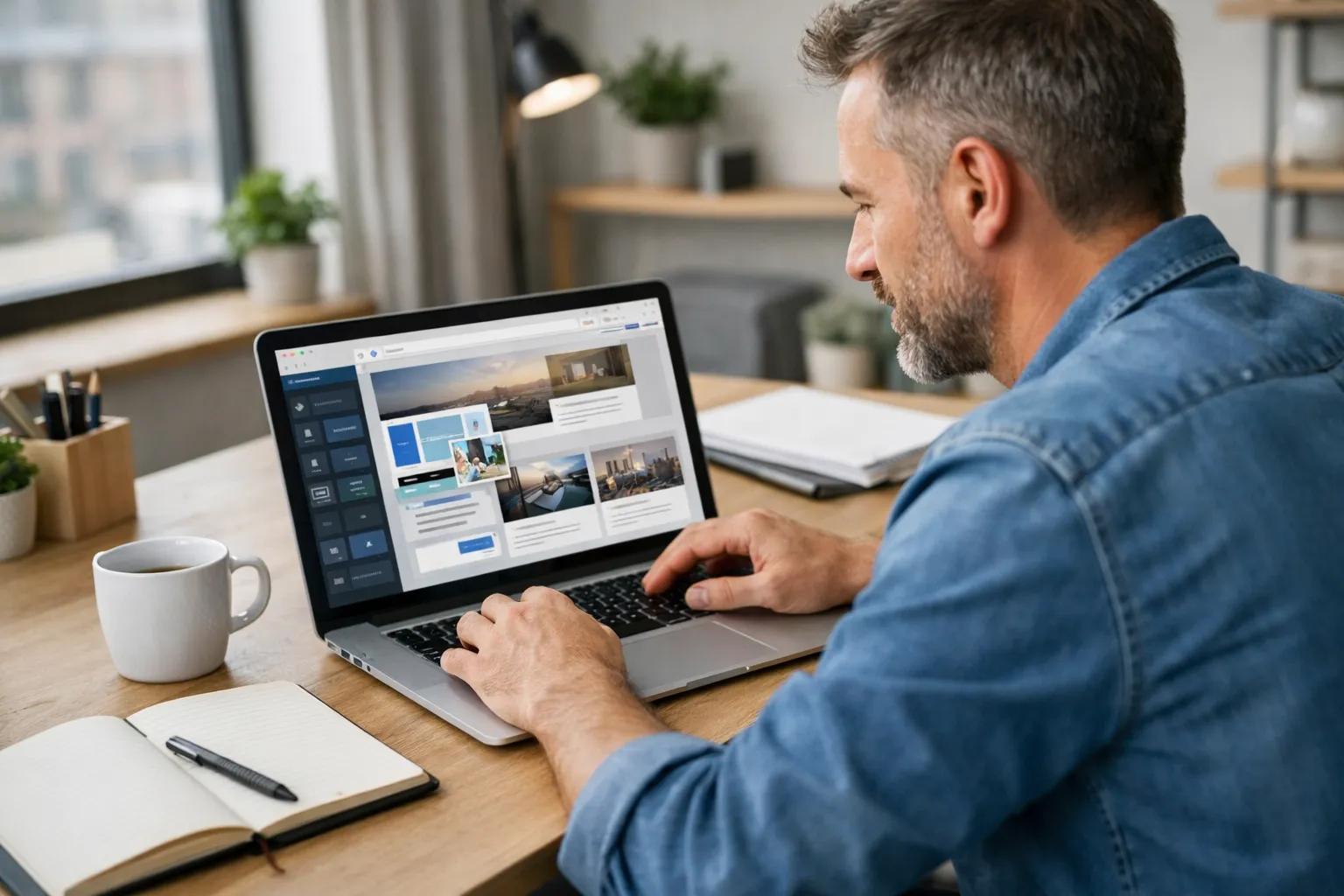 Bedriftseier som redigerer en enkel bedriftsnettside på laptop.