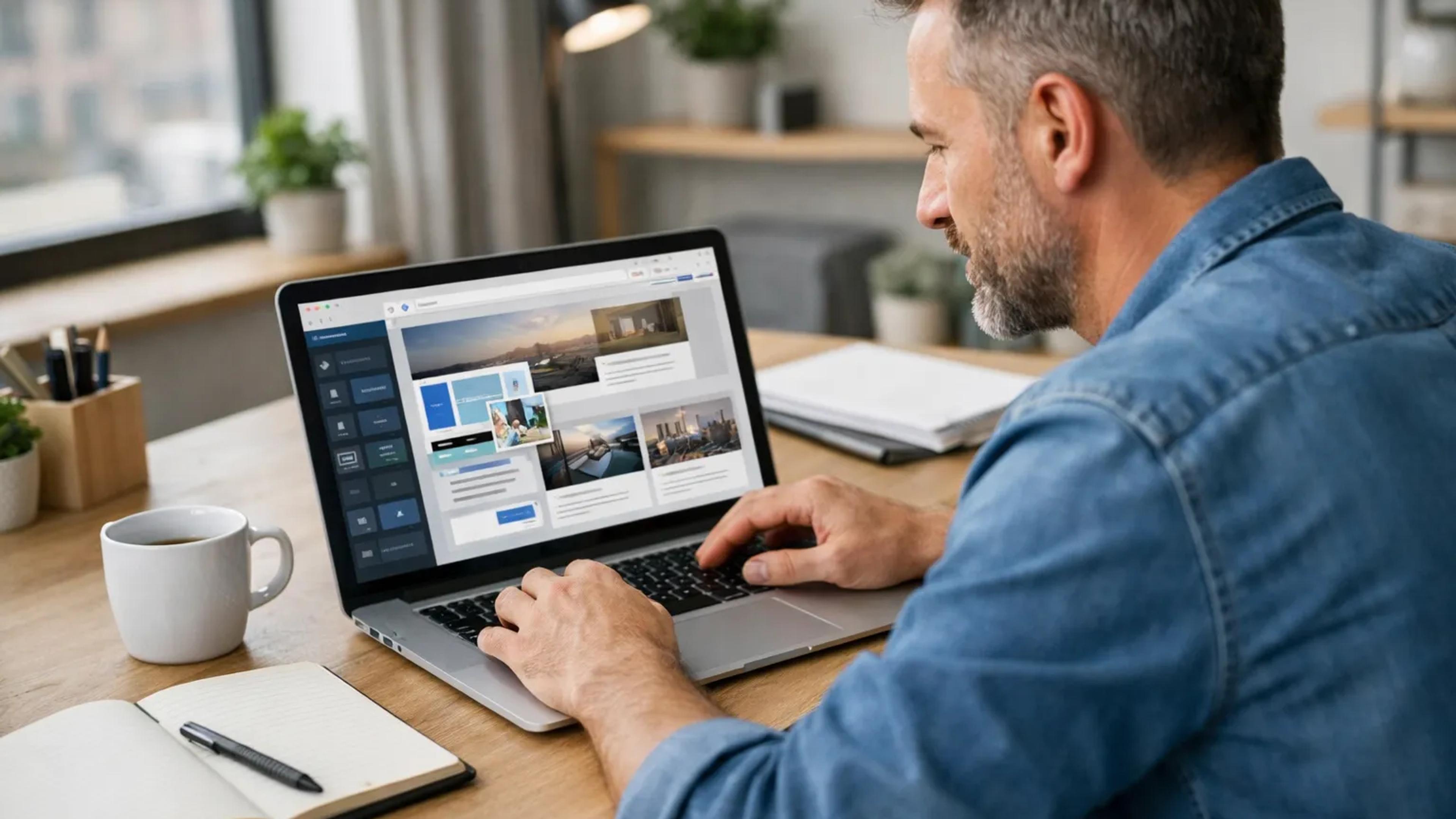 Bedriftseier som redigerer en enkel bedriftsnettside på laptop.