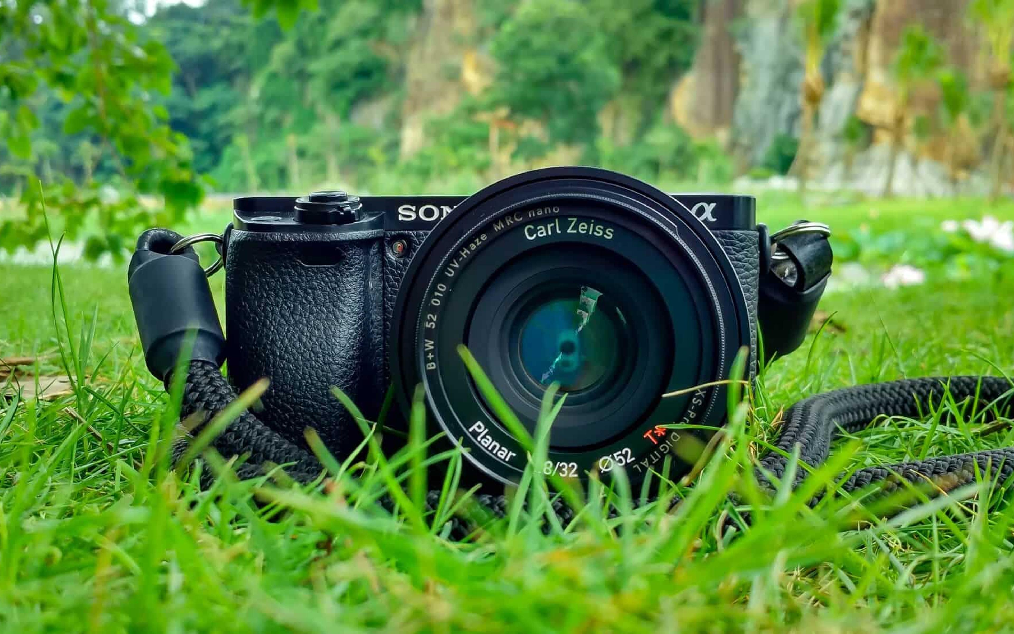 Sony Alpha kamera med Carl Zeiss optikk liggende på grønt gress, illustrerer profesjonell videoutstyr for merkevarebygging